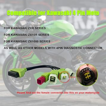 for Kawasaki Motorcycle 4 Pin+6 Pin to OBD2 Diagnostic Cable Adapter | 4 in 1 OBD Connector Fits Kawasaki Honda KTM Yamaha Suzuki Euro 5 Motorcycles,Compatible with OBDII Scan Tool & Code Reader