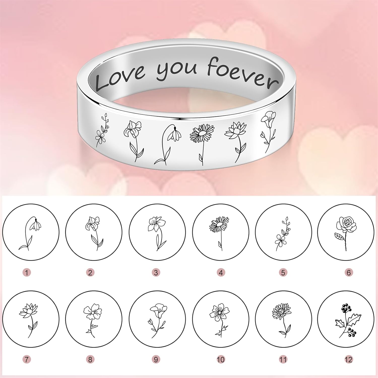 BAUMA AUTO Custom Birth Flower Signet Ring For Women 925 Sterling Silver Personalized Bouquet Ring Engraved Jewelry Gift For Her Mother Bridesmaid Wedding