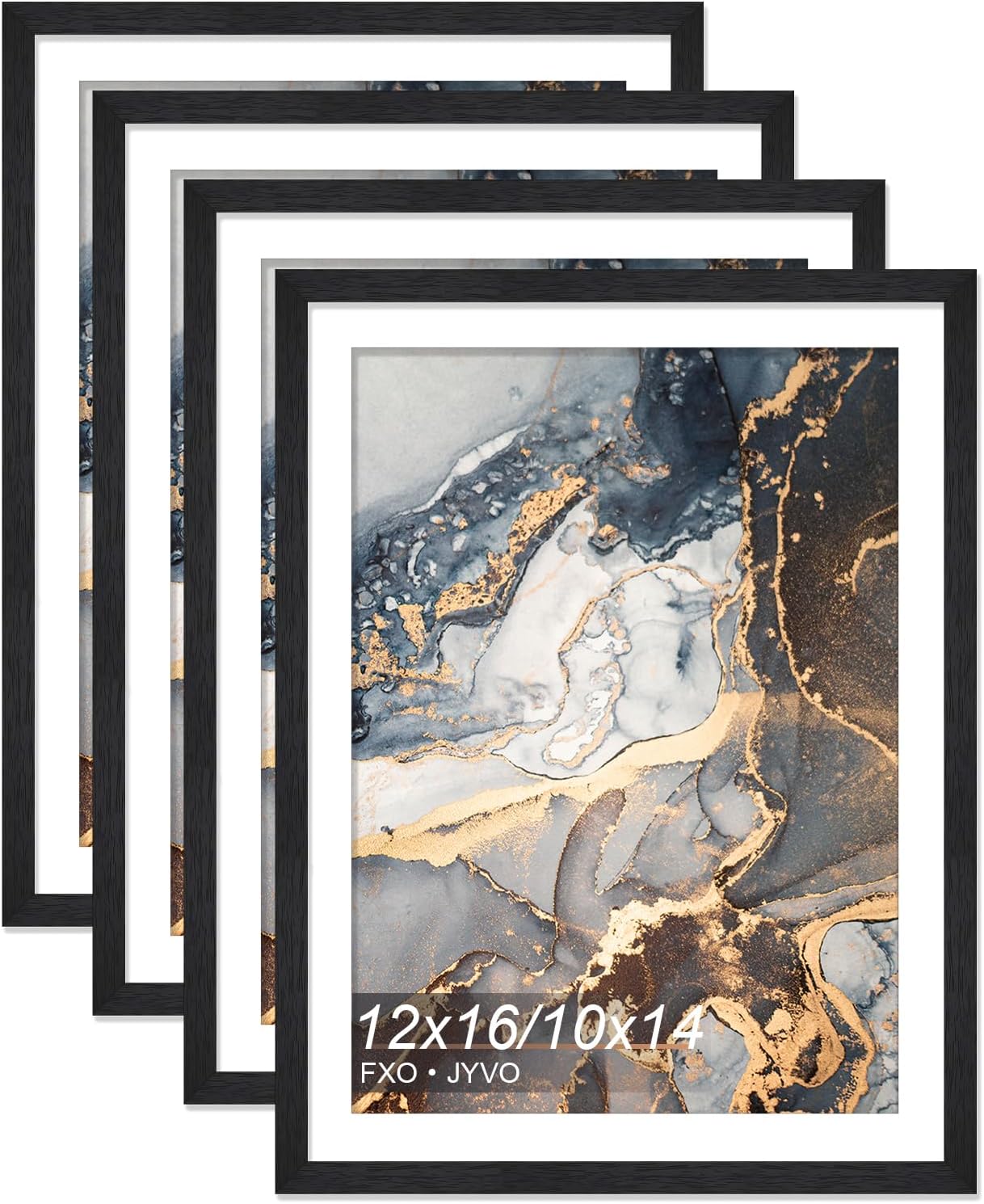 Engineered Wood Black 12 x 16 Frame Set of 4, Display Picture 10x14 with Mat or 12x16 Without Mat, Picture Frame with Wood-grain for Diamond Art Painting 30x40 cm - 4 Packs