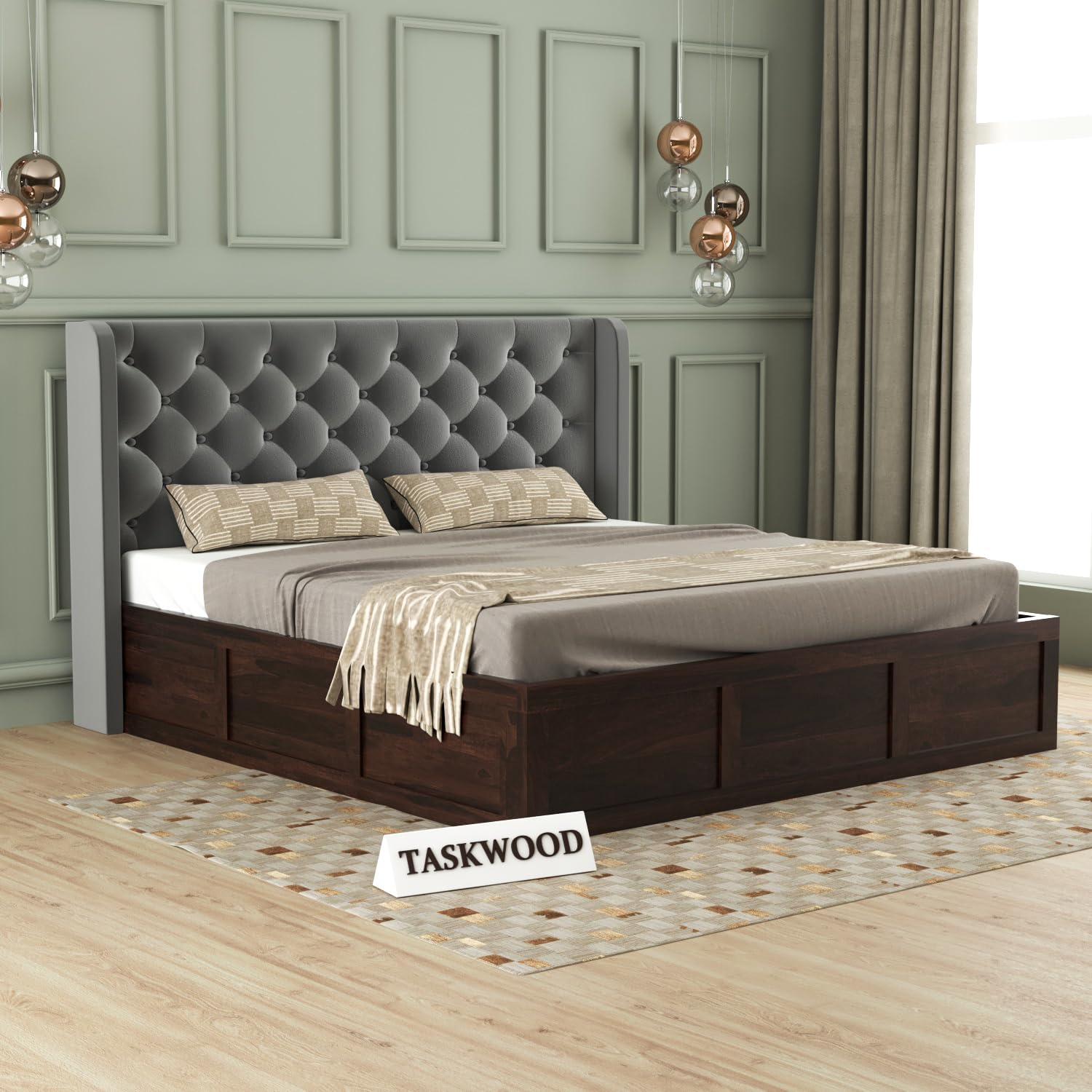 ROSLER WOODWORK Solid Sheesham Wood Queen Size Bed with Storage | Wooden Double Bed Cot Bed with Box Storage & Velvet Upholstered Cushioned Headboard for Bedroom (Walnut C, Queen)-image-44