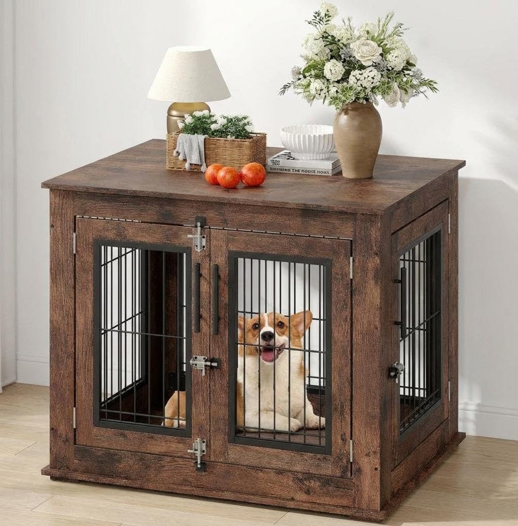 Medium Dog Crate Furniture Dual-Door, Wooden Dog Cage for Indoor Use, Dog Kennel for Small Medium Dogs, Chew-Resistant Dog Crates, As End Table, 31.5" w*23.6" d*26" h, Rustic Brown