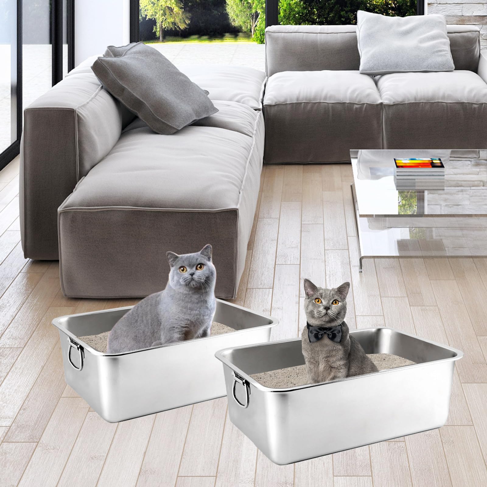 2 STÜCK Edelstahl Katzenklo, 8" Extra Große XXL Metall Katzenklo für Große Katzen, Hochwandige Katzen-Toilette mit Griff, Große Katzentoilette Schale, Einfach zu Reinigen, Geruchsfrei, 23.6x15.8x8