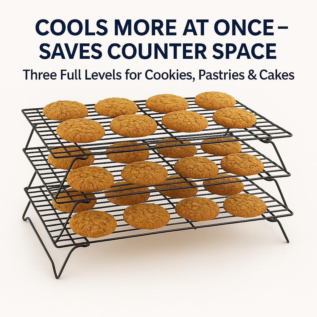 3-Tier Stackable Cooling Rack for Baking – 16" x 10" Carbon Steel Cookie Cooling Racks, Collapsible Space-Saving Design with Tight Grid, Dishwasher Safe – Dependable Industries