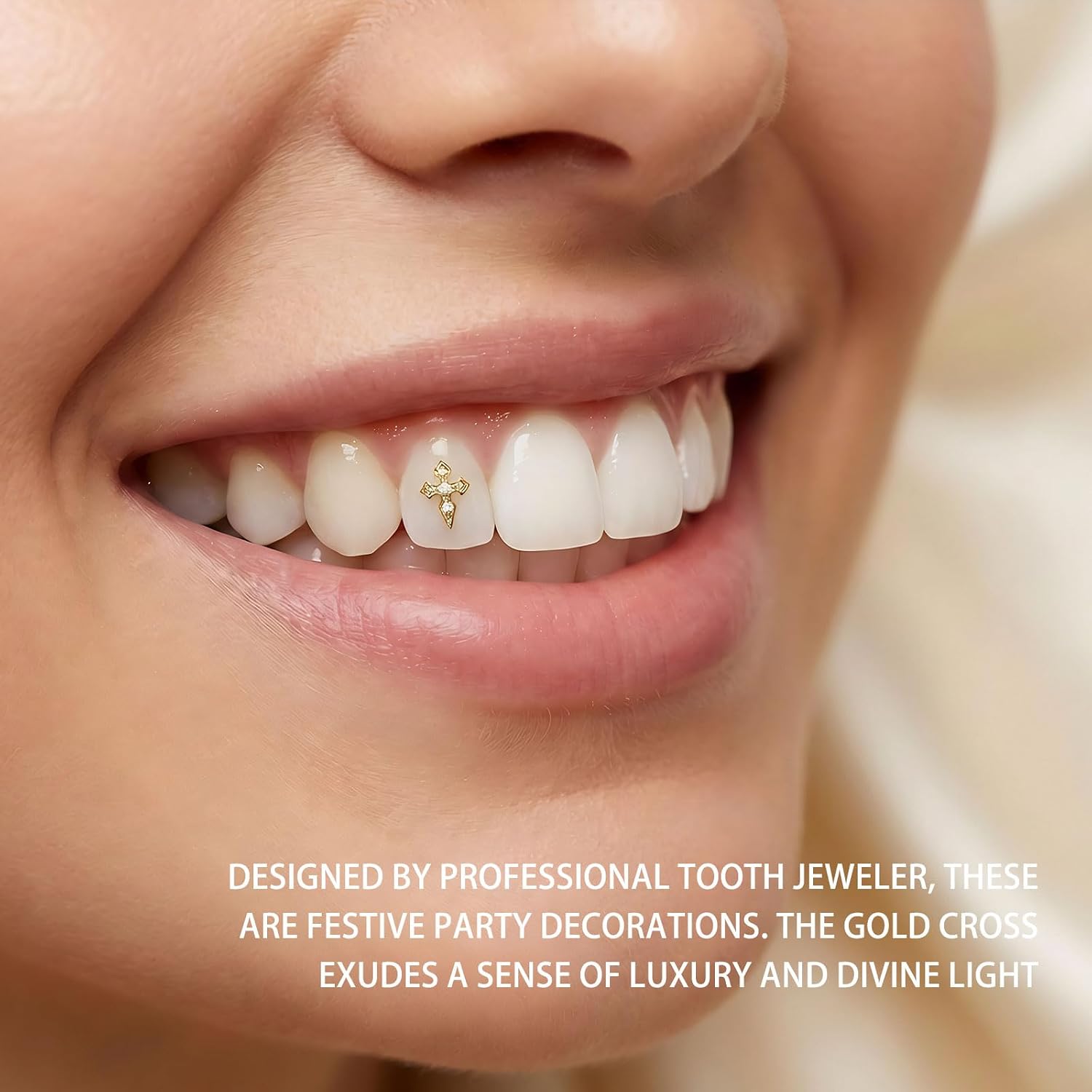Chamon Tooth Gems 8K Pure Gold Gem, Zircon Inlaid Cross-Shaped Divine Light, Hip-hop Punk Style Professional Smile Aesthetic Decor 1 Pieces