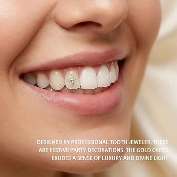 CHAMON 8K Gold Tooth Gems, Cross Shape Professional Smile Aesthetic | Solid Gold, Lead-free, Curvature conforms to tooth surface