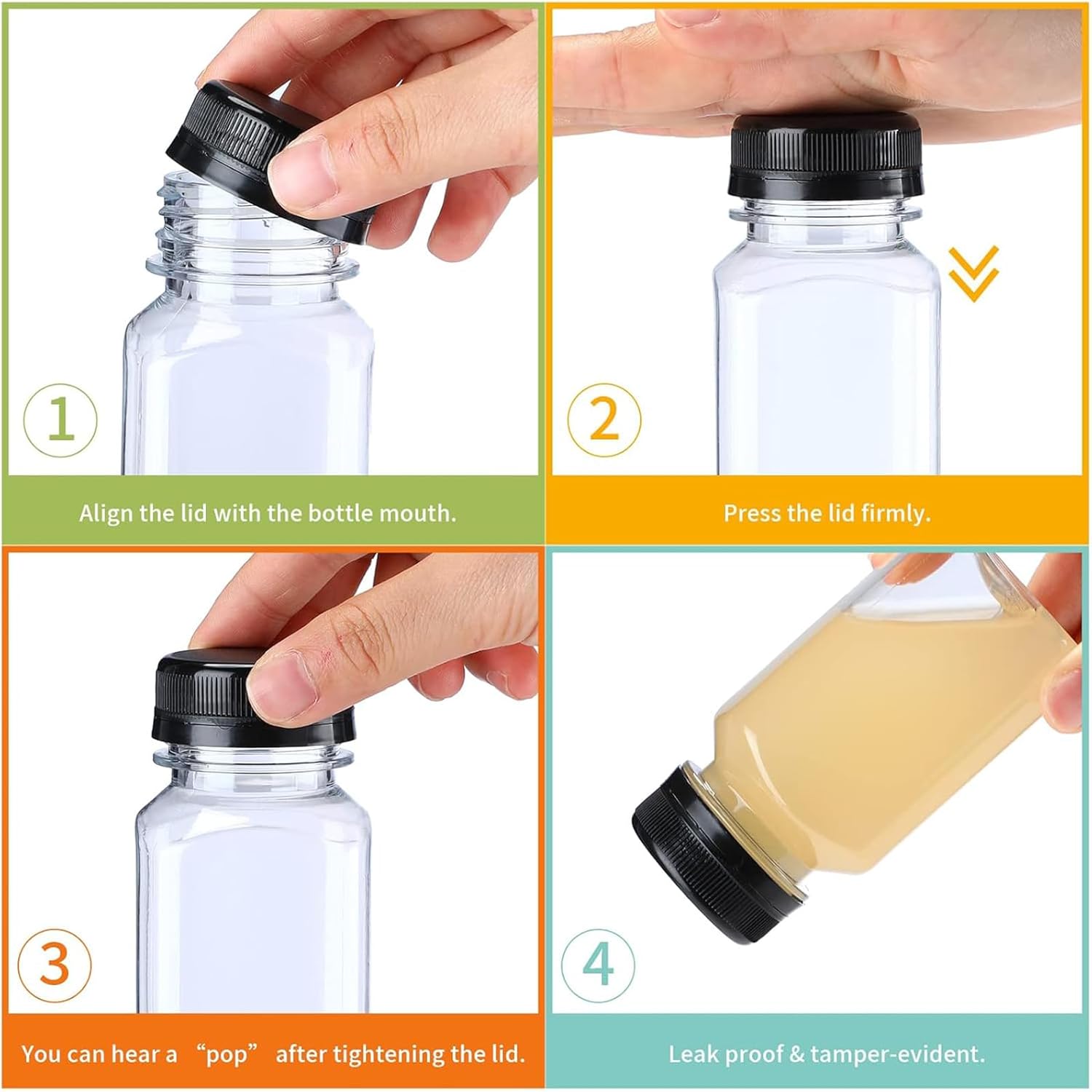 Nuogo 72 Pack 5 oz Plastic Juice Bottles Bulk with Lids Reusable Transparent Clear Drink Containers Caps Mini Bulk Beverage Water Bottle with Funnel and Brush for Juicing Milk Drinking (Black Lid)