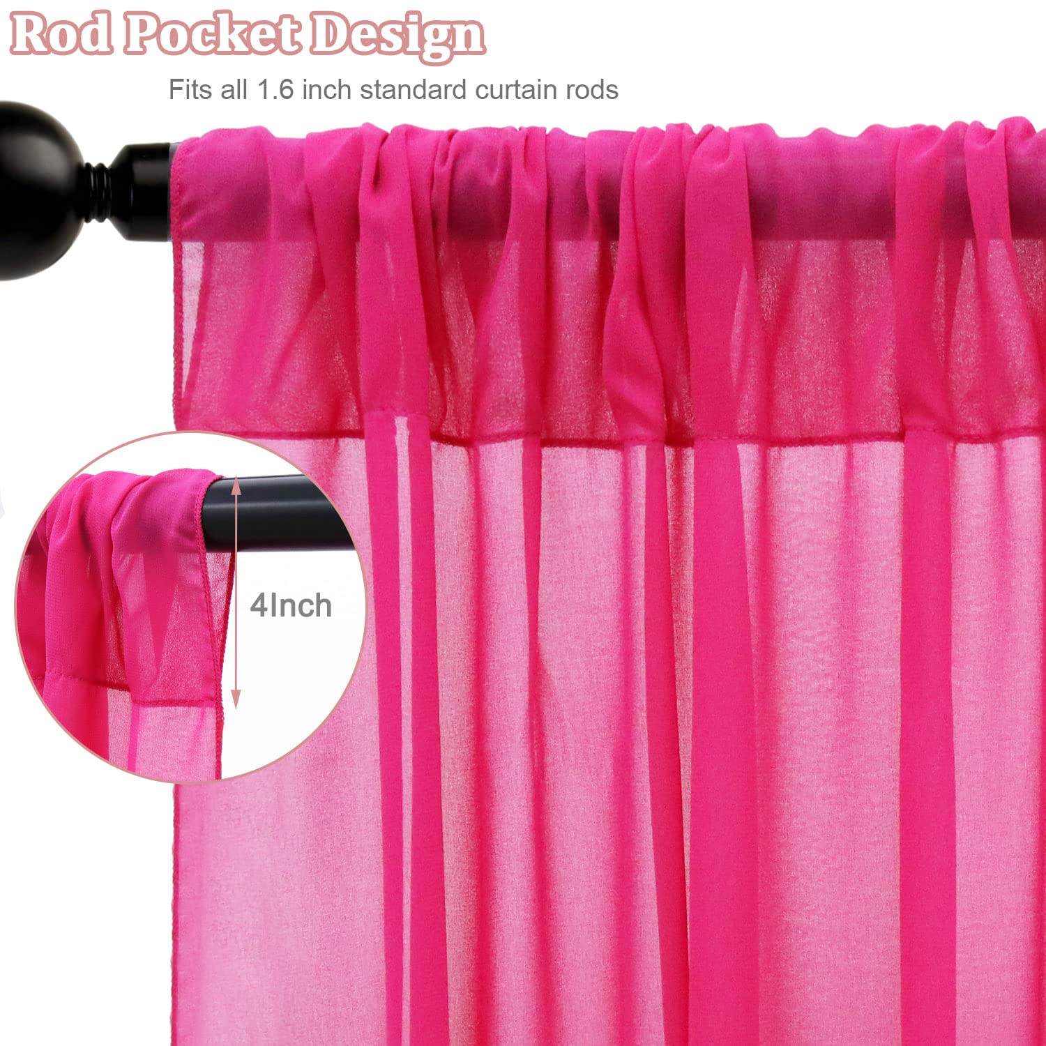 FOTSHARER 6 Paneele Deckenvorhänge für Hochzeiten, Chiffon, Hochzeitsvorhänge, 152 x 300 cm, Tüll, Fuchsia, Drapierstoff, Zelt, Decke, Vorhang für Party, Abschlussball, Brautparty, Hintergrund