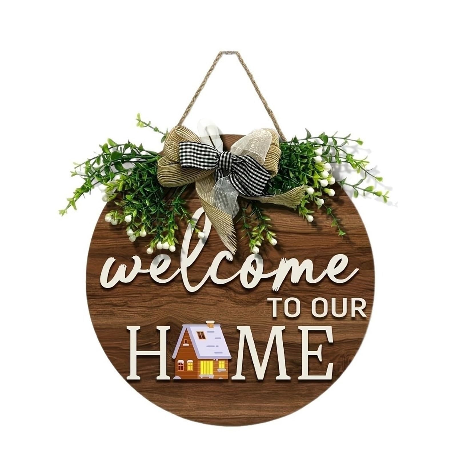 Front Door Wreath Welcome Sign Flat 2D Round Welcome Sign Retro Style Warm Home Hanging Wooden Board Hanging Plaque Home Decor