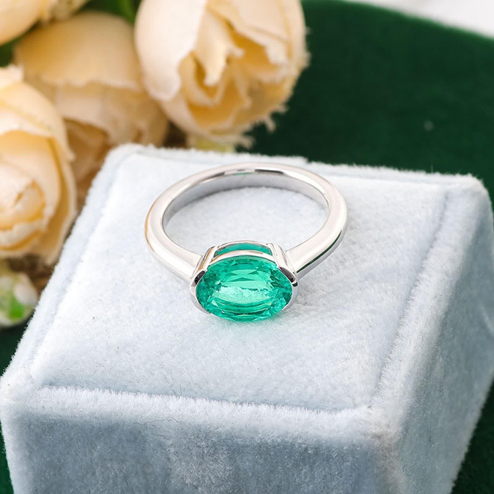 Anillos de oro de 9 quilates para mujer, alianzas de boda de oro blanco, ovaladas, creadas en laboratorio, esmeralda, moda