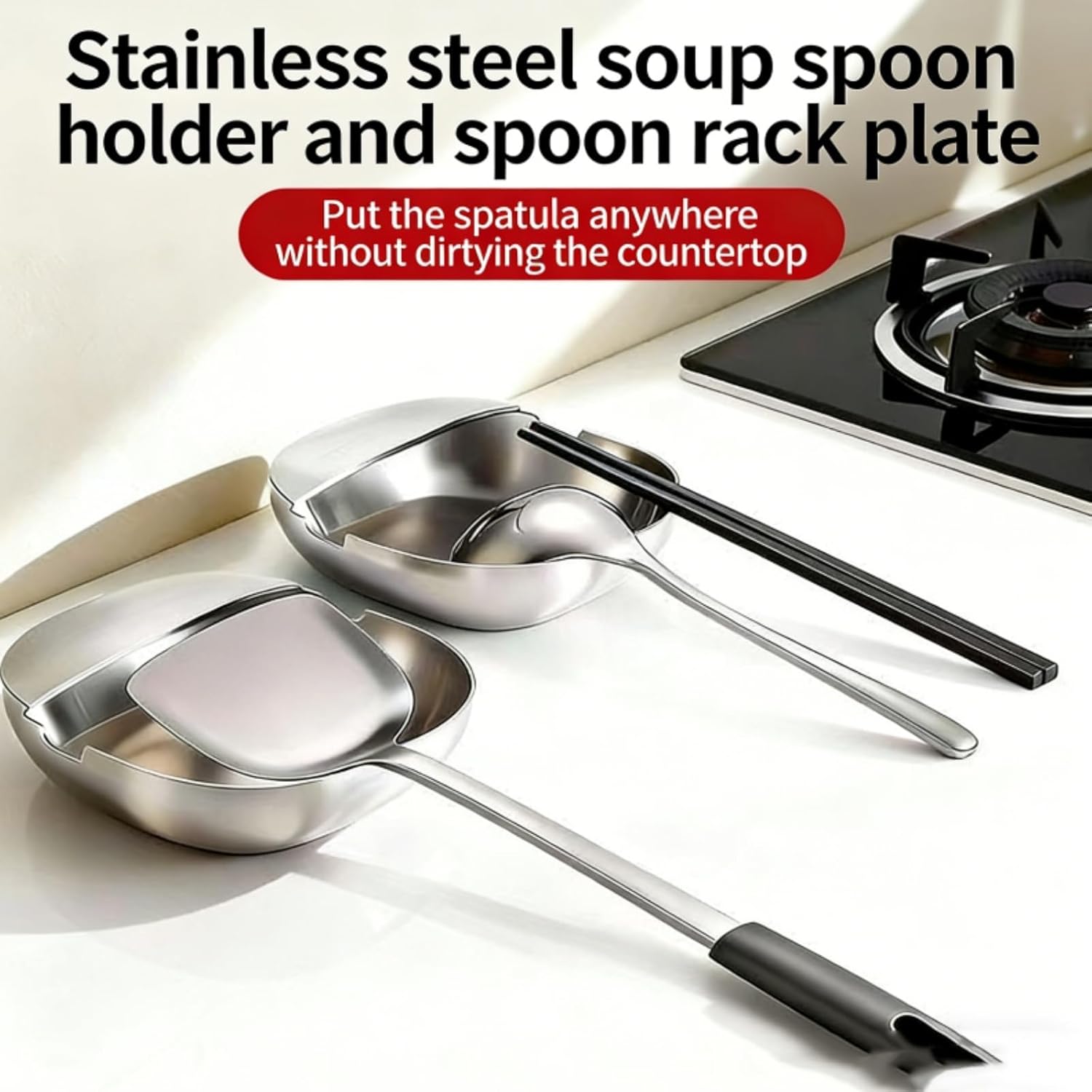 304 Stainless Steel Spoon Rest & Multipurpose Kitchen Utensil Holder, Self-Standing Ladle Holder with Stable Base, Non-Slip Spatula Ladle Holder Heat Resistant & Dishwasher Safe (3PC-A)