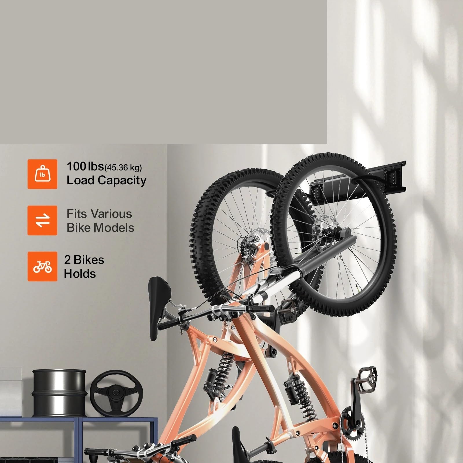 Supporti per Biciclette 17in Bike Storage Rack Wall Mount Bicycle Storage Hanger Adjustable Holder for Home Garage 2 Bikes Space Saving per Biciclette