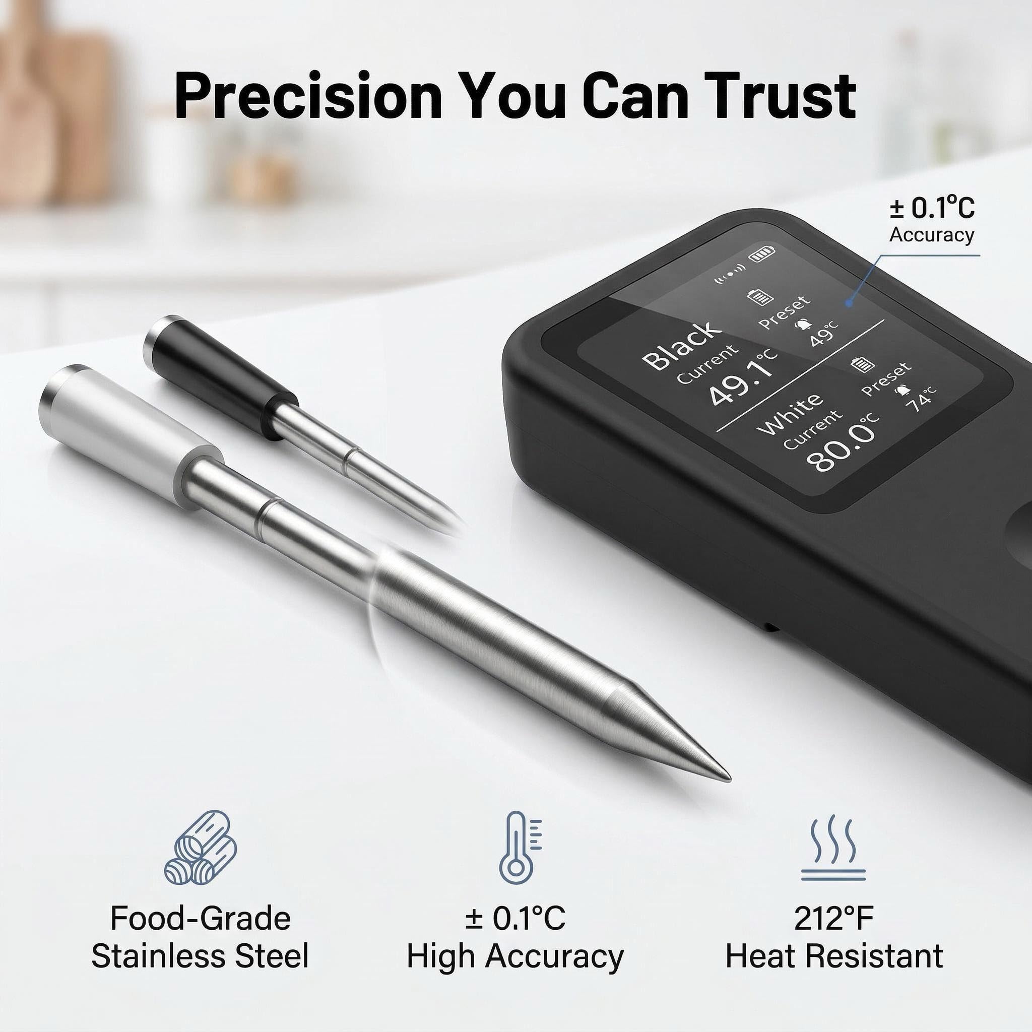 Berrcom 2.4 Inch Wireless Meat Thermometer with Dual Probes, Bluetooth Meat Thermometer with 500FT Range, 400°C Heat-Resistant Probe, Smart App with 12 Presets for Grilling BBQ Oven Smoker