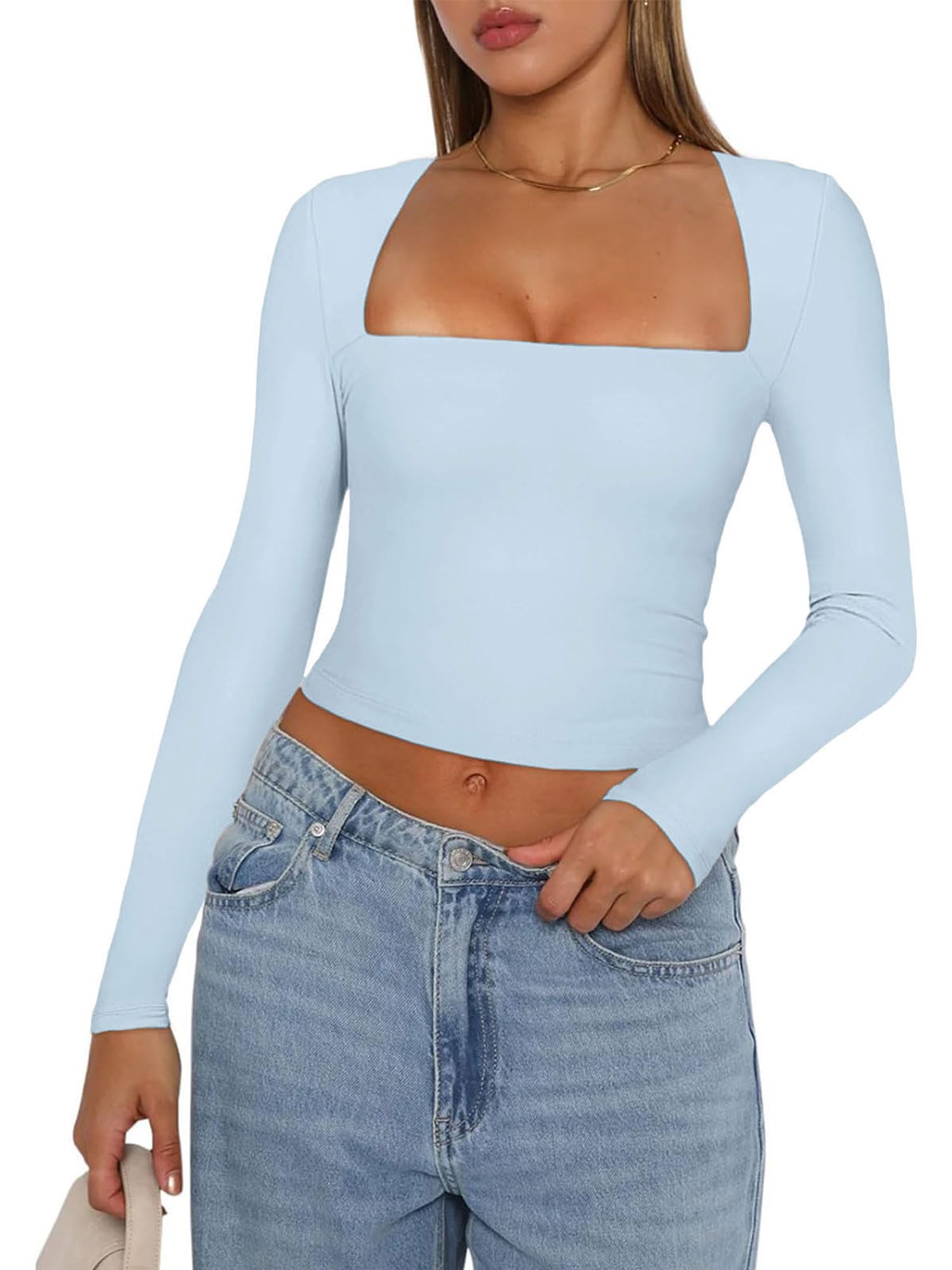 Women Sexy U Neck Goting Out Crop Tops Casual Basic Tops T-Shirt Long Sleeve Tight Shirt Blouse Tee Tops (Sky Blue, L)