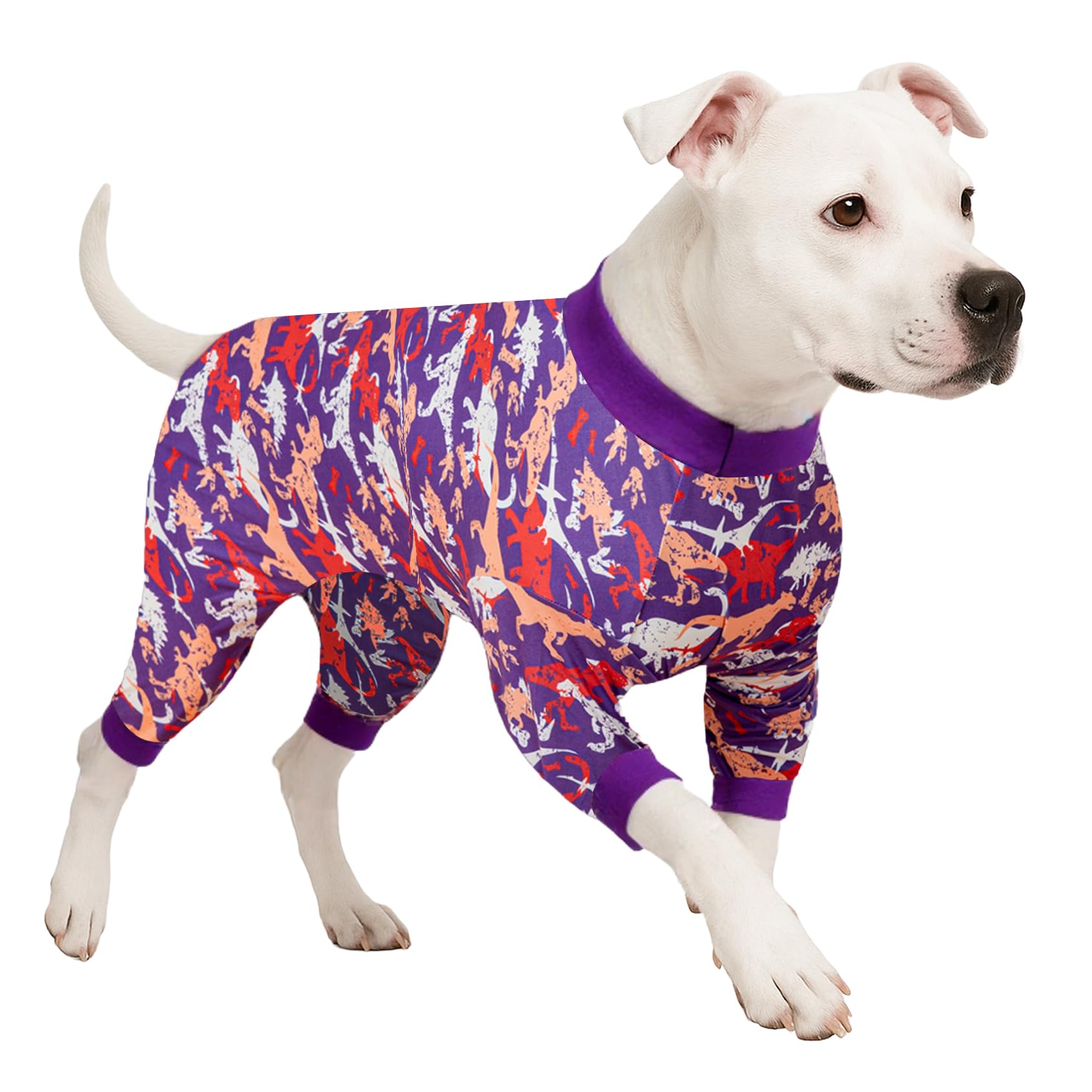 LovinPet Lovinpet Pajamas for Large Dogs - Large Dog Pjs, Lightweight Stretchy Fabric, Purple and Orange Camo Dinosaur Print,Pet Anxiety, Easy Wearing Dog Pjs, Dog Onesie for Party, Purple 3XL