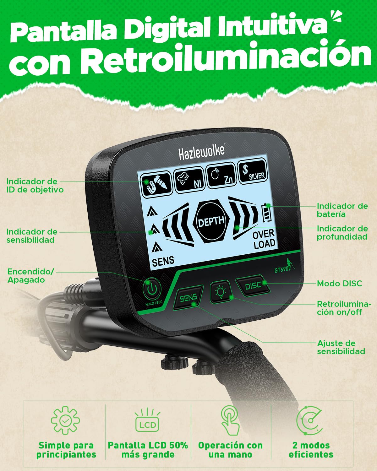 Detector de Metales para Adultos y Niños,Alta Precisión 10” Sumergible Bobina con Modos Todos los Metales y Disc, Niños y Principiantes Detector Metales de Oro, Jóvenes y Adolescentes