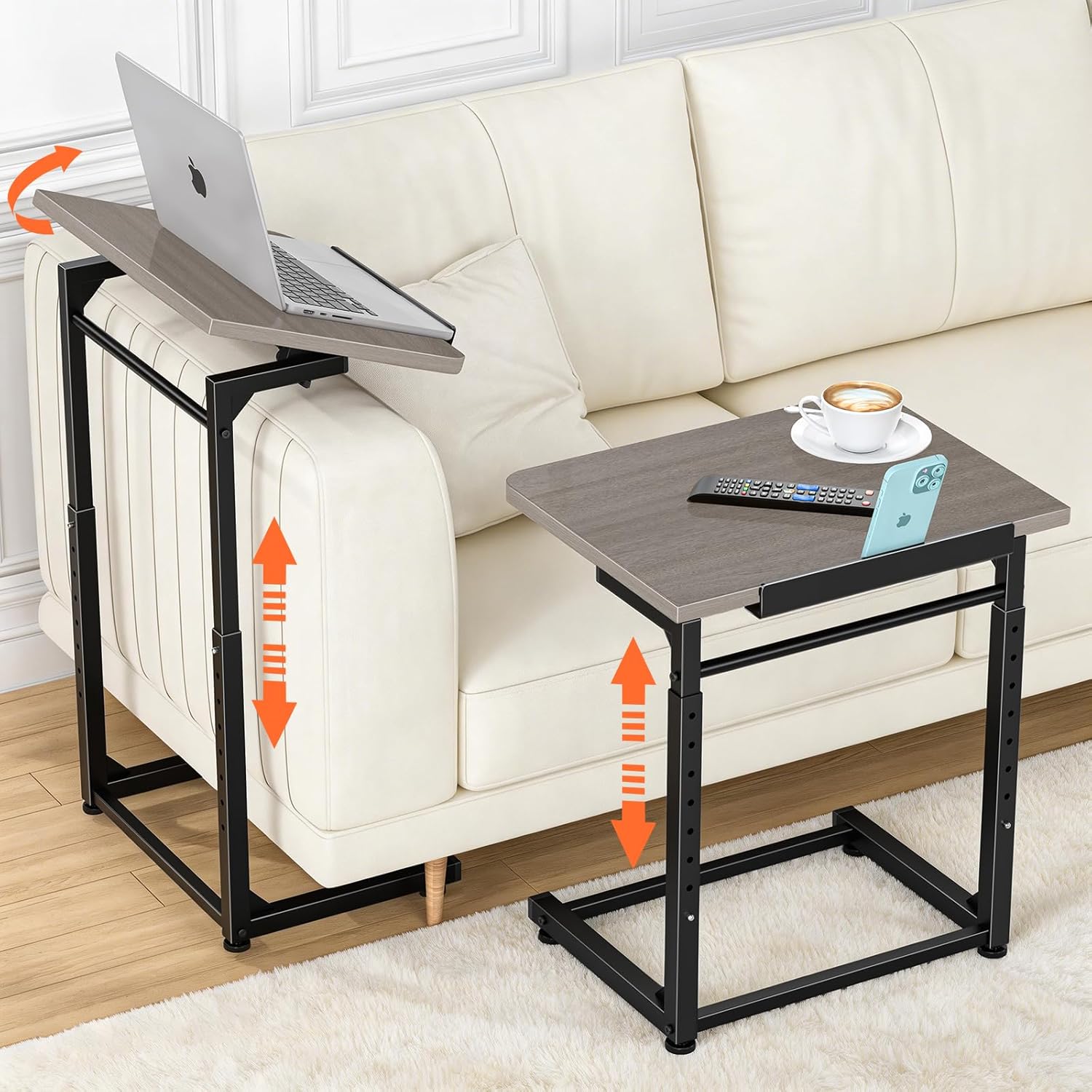 Tv Tray Table Set of 2, 8-Level Adjustable Height Couch Side Table，90° Tilt Angle Adjustments C-Shaped End Table, with Phone & Tablet Slot Sofa Computer Desk for Couch, Sofa, Bed, Chair, Living Room