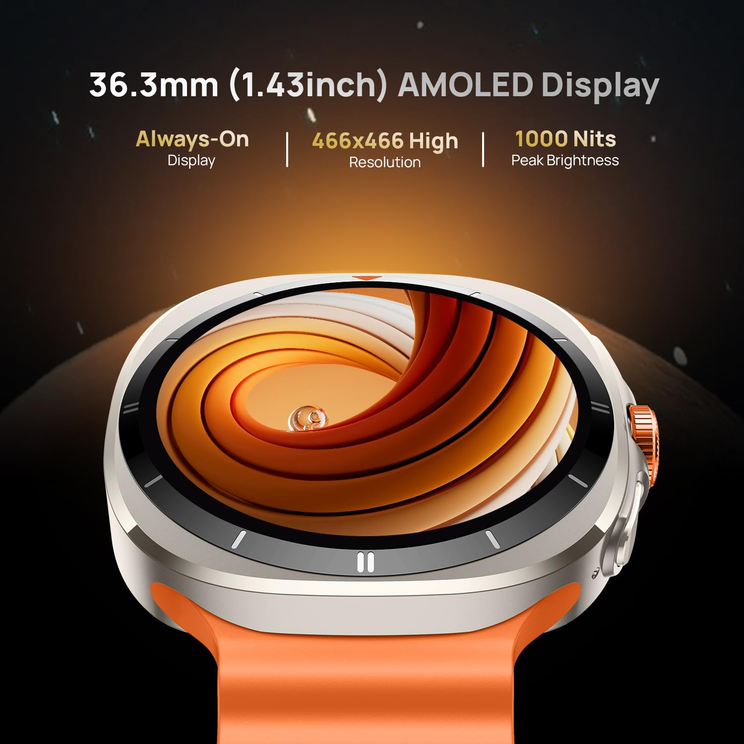 Fire-Boltt Axiom Round Smart Watch 1.43" Super AMOLED Display with Always-On Mode, Bluetooth Calling, Rotating Crown, SPO2 & Heart Rate Monitor, IP67 Waterproof Silicone Smartwatch for Men - Orange — Amazon image 4