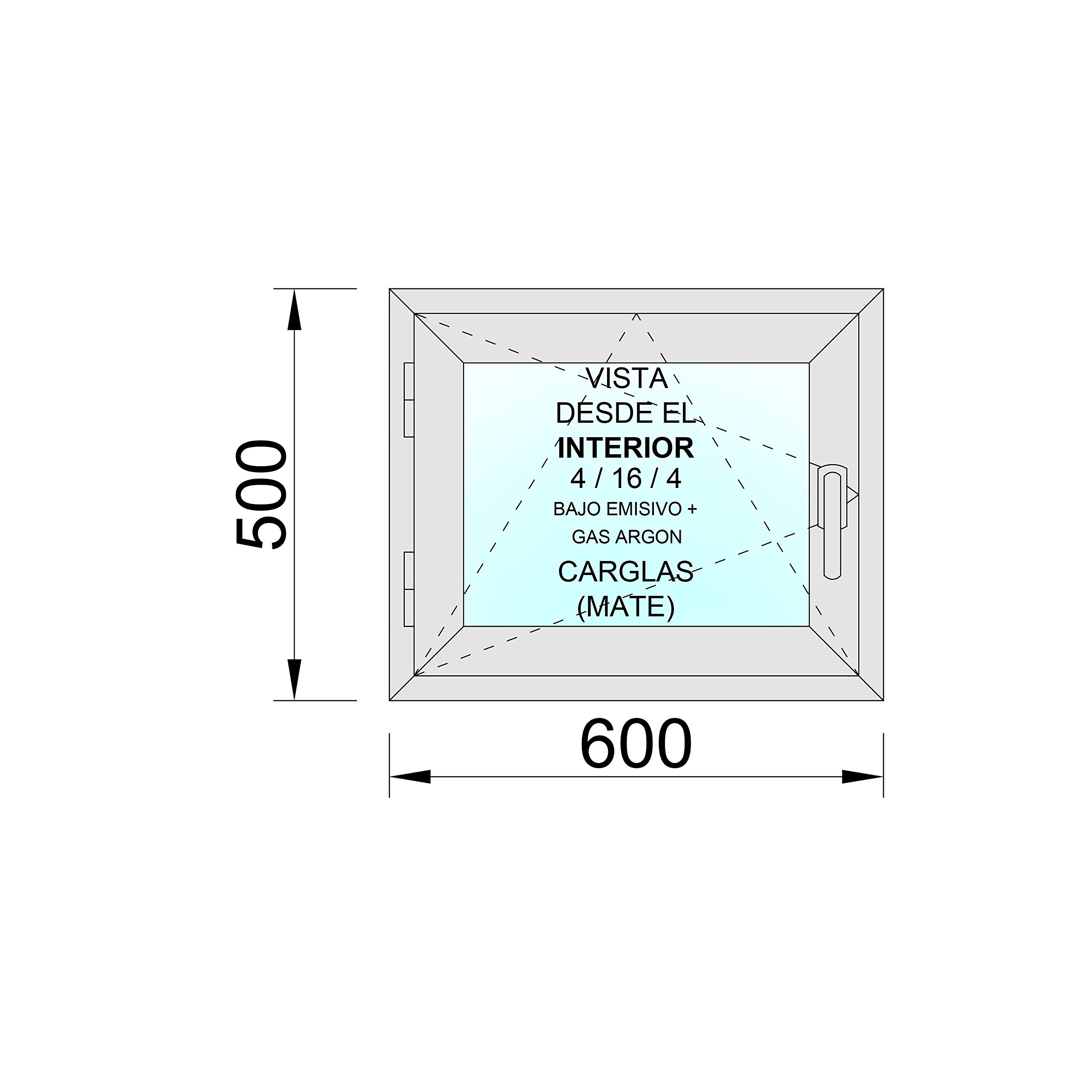 Ventanastock PVC 600x500 Practicable Oscilobatiente Izquierda con 1 hoja y vidrio Carglass (Climalit Mate)
