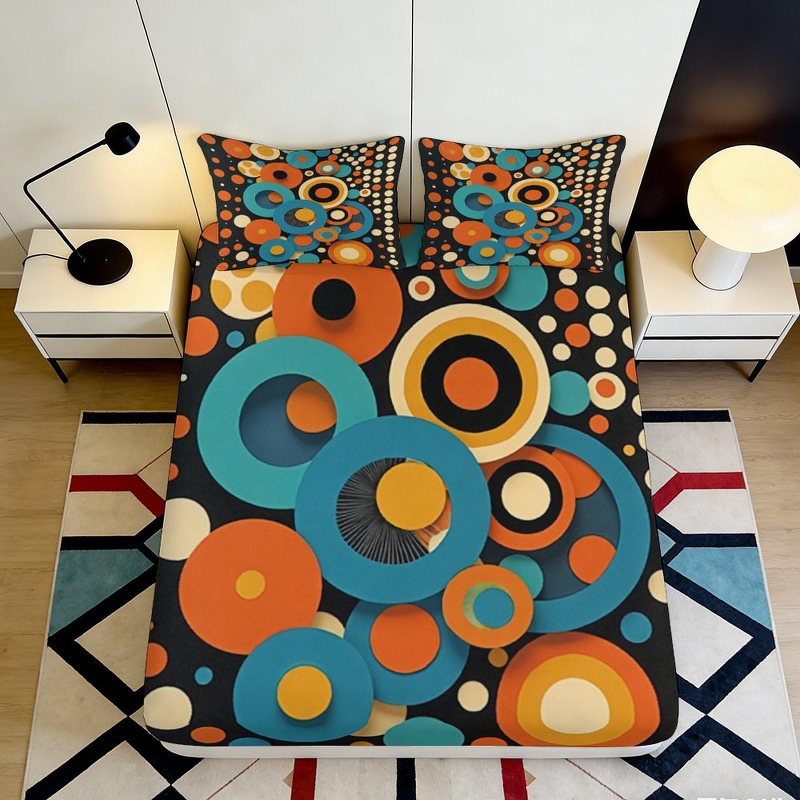 Pnayamiorkfel Style-5 3D Printed Retro Geometric Circles Fitted Sheet Microfiber Soft Breathable Abstract Rings Bed Cover For Bedroom Guest Room Decor 90X200x25cm