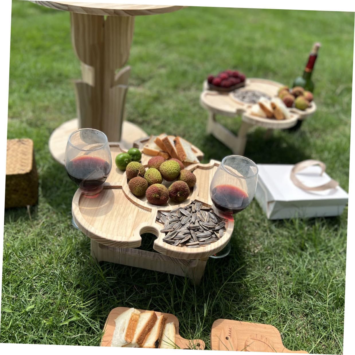 Luxshiny Portable Folding Wine Table Outdoor Wooden Picnic Table 35cm Diameter Petal Shape Tray for Beach Camping BBQ and Wine Lovers
