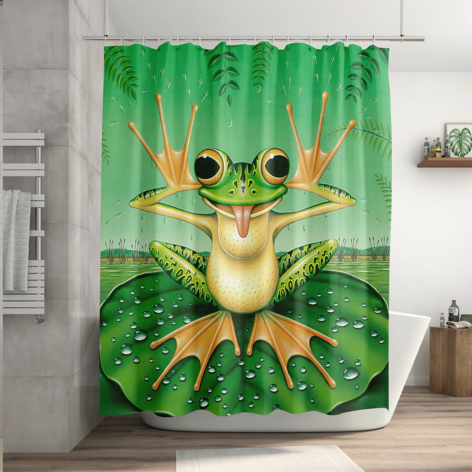 4 Pieces Frog Shower Curtain Set Bathroom Mats Set, Non Slip Rug Carpet Toilet Cover, Funny Frog Makes Face on The Green Lotus Leaf Cute Style Shower Curtain with 12 Hooks