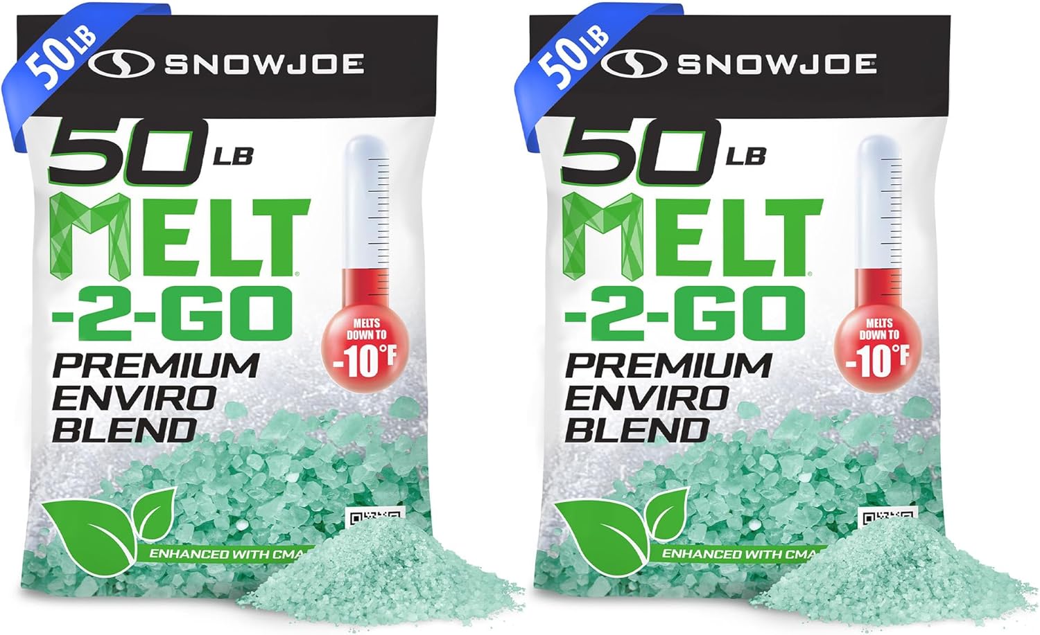 Snow Joe 2-Pack Premium Enviro Blend Ice Melt with Calcium Magnesium Acetate, 50 Pound Bag - Melter with Green Crystals for Driveway, Concrete, and Outdoor Snow Melting, MELT50EB