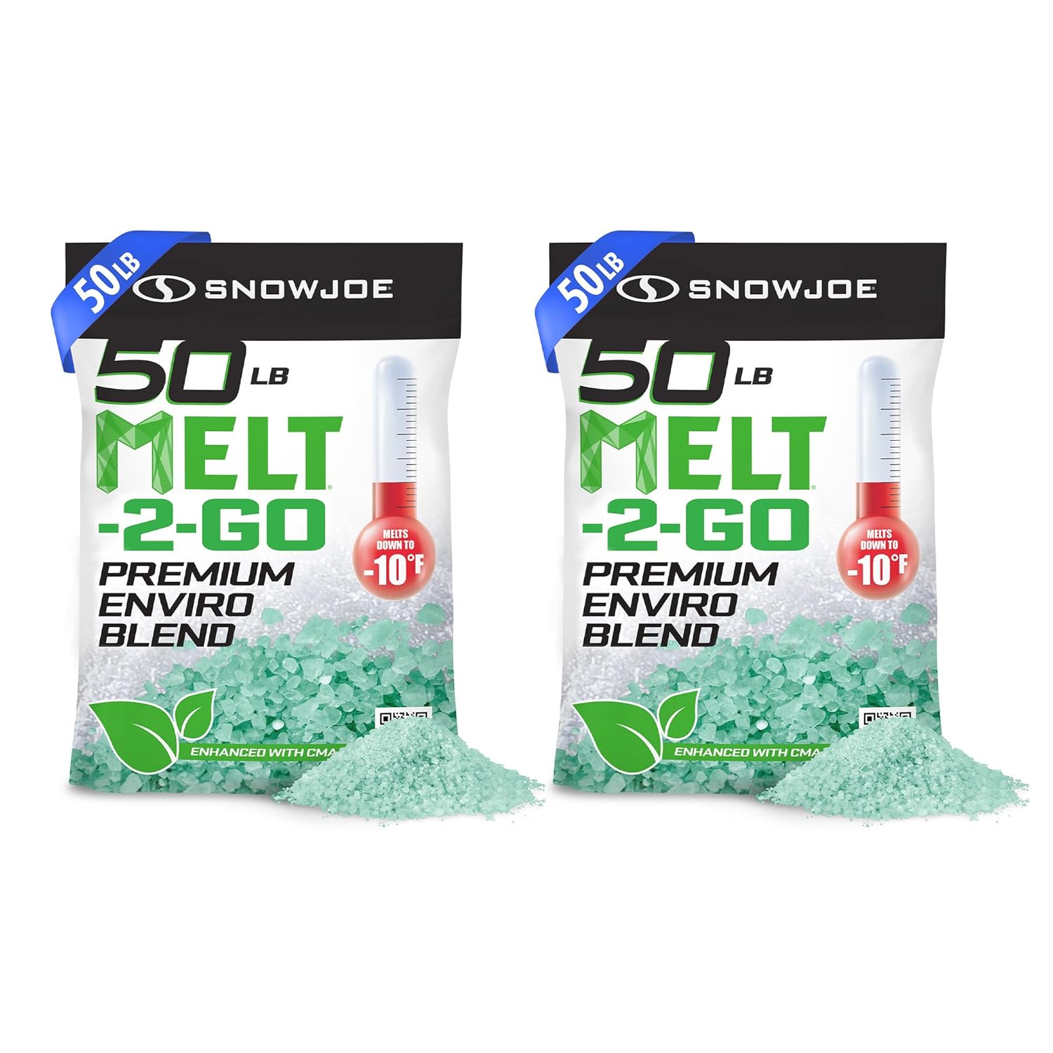 Snow Joe 2 Pack Premium Enviro Blend Snow & Ice Melt, Green-Coated Deicer Crystals, 50 lb - Safer Melter for Vegetation, Concrete & Metals