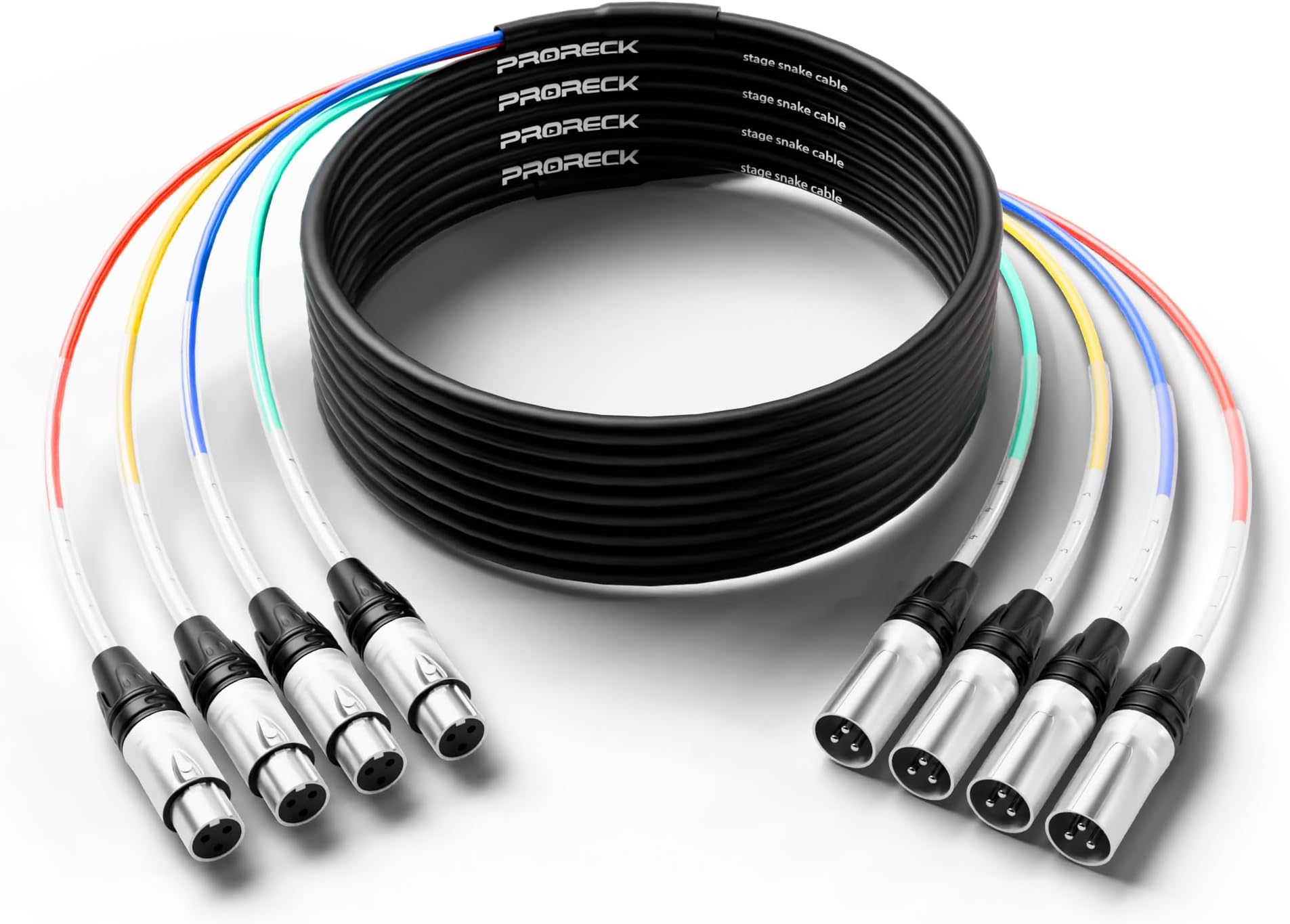 PRORECK 25ft Snake Cable, 4-Channel Shielded Audio Cable XLR Male to XLR Female, with Color-Marked Connectors for Professional Stage, Studio, and Live (PR-XLR/XLR-4 * 25)