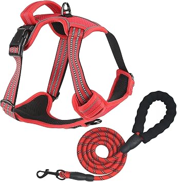 No Pull Dog Harness for Large Dog with Dog Leash Adjustable Reflective Pet Vest with Front Clip Padded Harness and Lead Set Red L