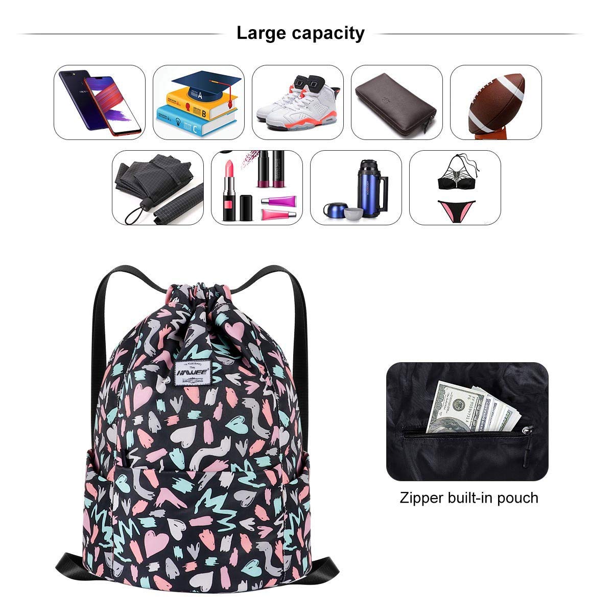 Impermeable Casual Mochila con Cordón Grande Deporte Bolso de Gimnasia Mochila de Cuerda Unisex para Mujer Hombre Vida Cotidiana Aire Libre Yoga Escuela Playa Nadar — view 3