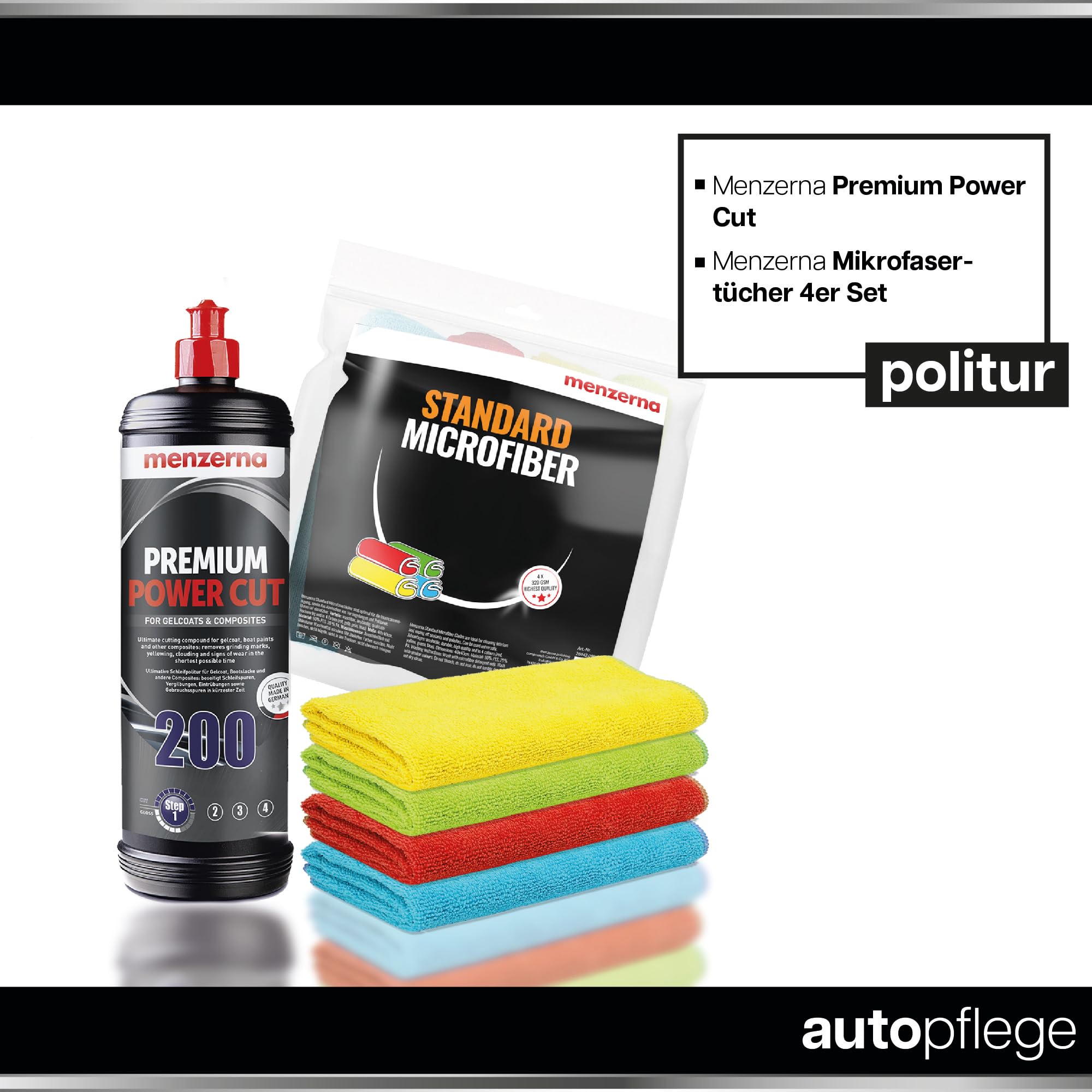 Juego de abrillantador Menzerna Premium Power Cut 200 1 L Gelcoat Barcos + 4 paños de pulido | Para excelentes resultados en el tratamiento de barcos, caravanas, caravanas y autocaravanas