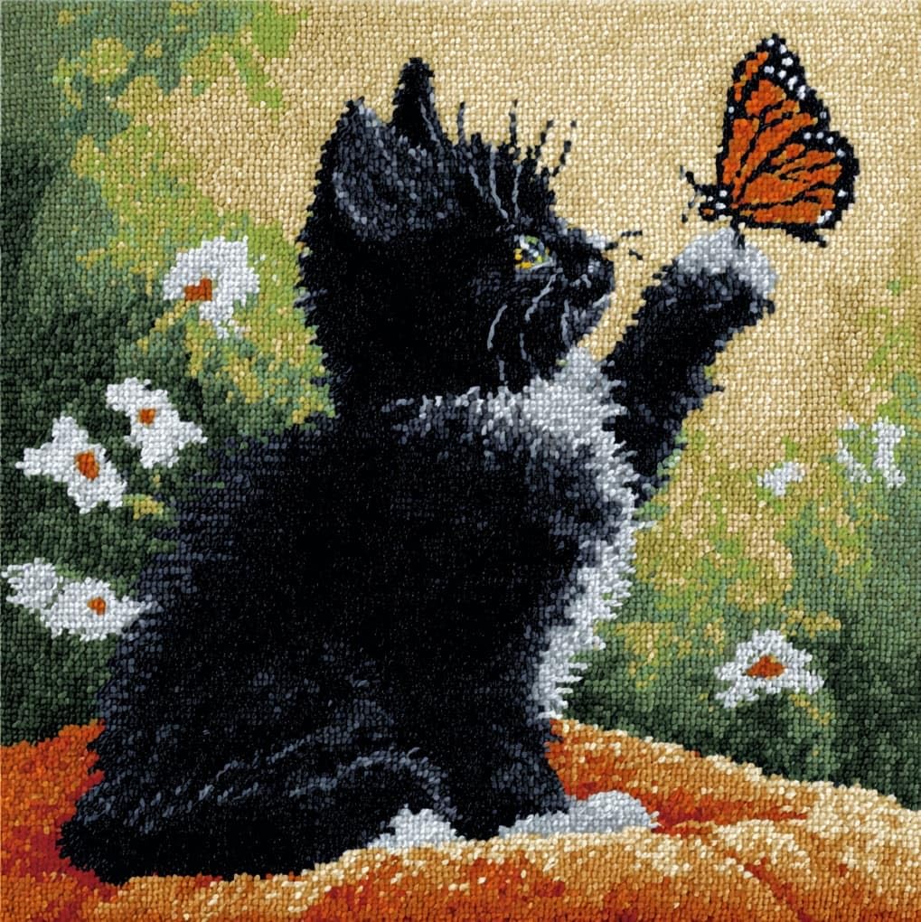 WallustrioaW Latch Hook Kit for Beginners,Black Cat and Butterfly,Cushion Cover Making Kit,Embroidery Pillowcase Latch Craft for Adults,17x17in