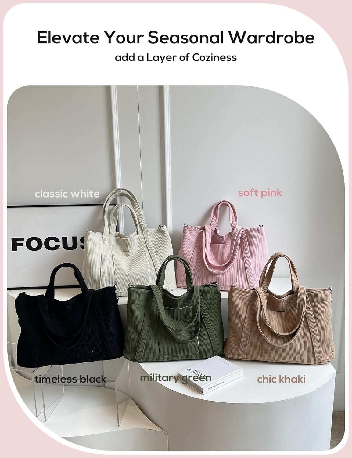 METALPHA Tote Bag for Women, Large Work Corduroy Tote Bags Zippered Messenger Travel Bag Shoulder Crossbody Hobo Handbags