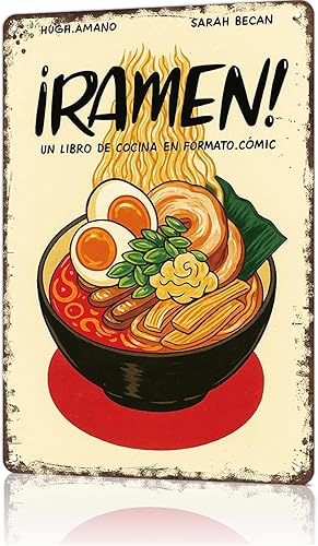 Letreros de metal vintage con texto en inglés "Ramen! Un Libro De Cocina En Formato Comic", póster de metal para decoración de pared para el hogar,