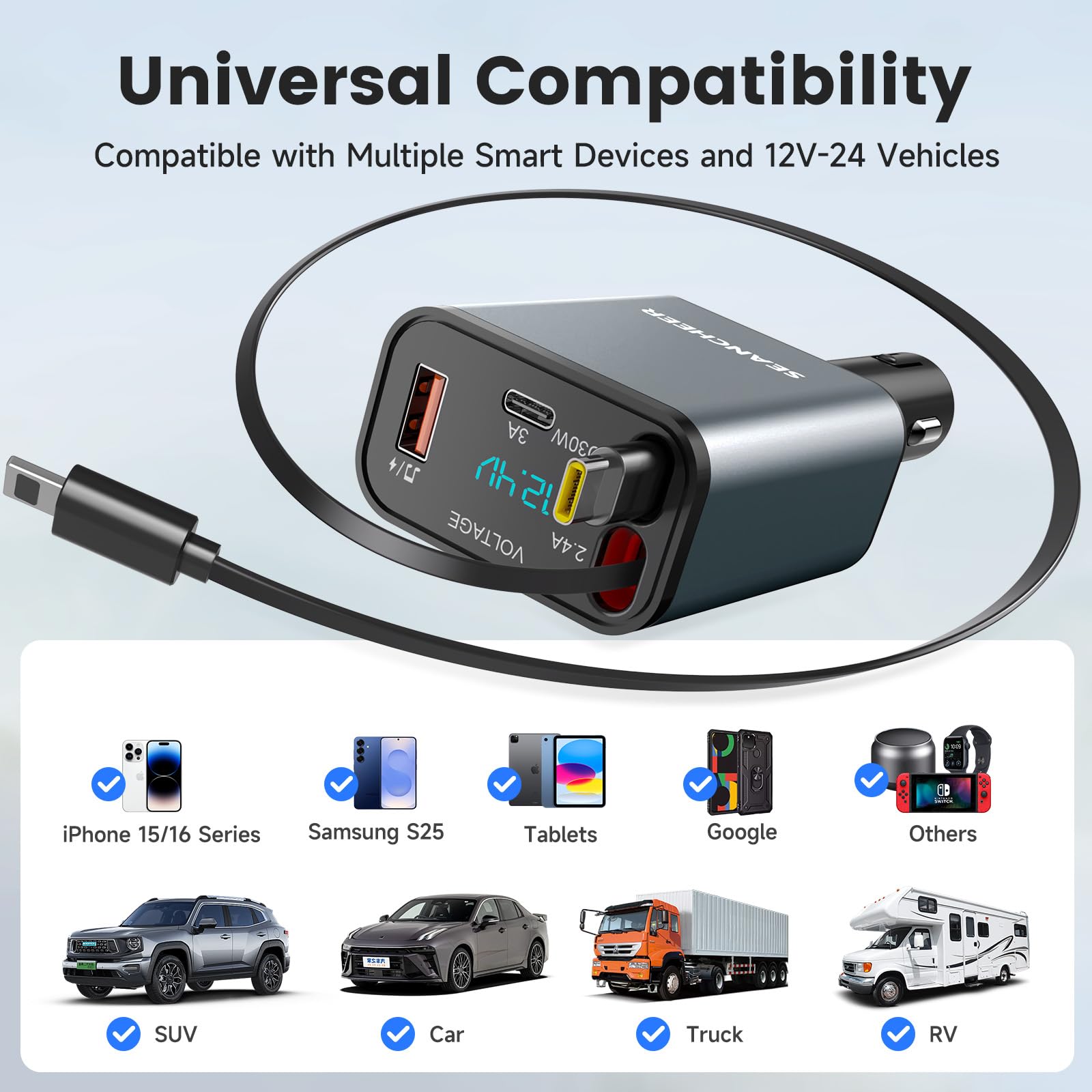 SEANCHEER Adapter Bluetooth do samochodu i zapalniczki samochodowej USB C, 69 W, ładowarka samochodowa z 2 zwijanymi kablami, transmiter FM