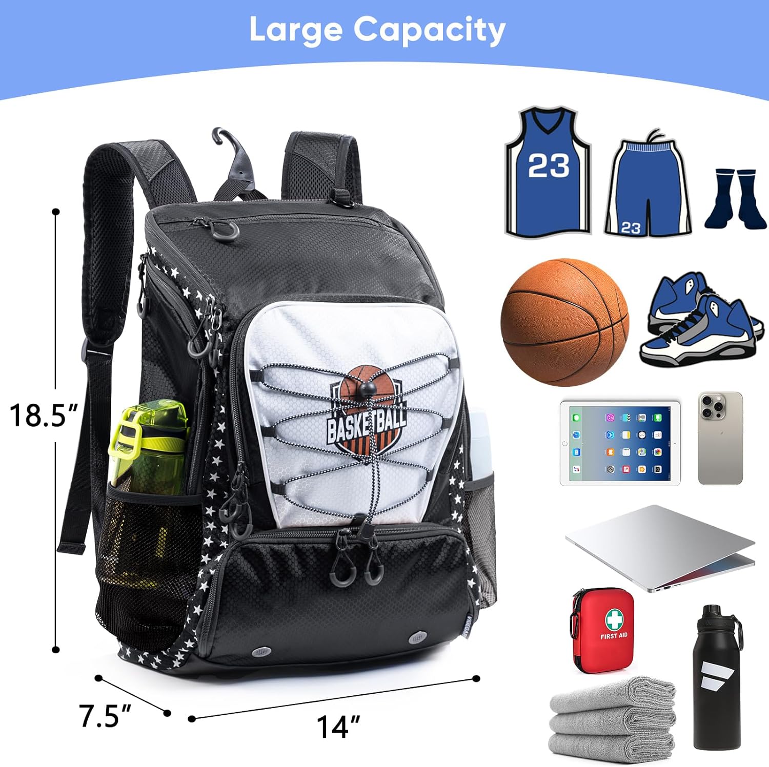 Basketball Backpack with Ball & Shoes Compartment - 30L Capacity Sports Bag, Basketball Accessories Bag Lightweight Breathable for Boys Grils - Image 6