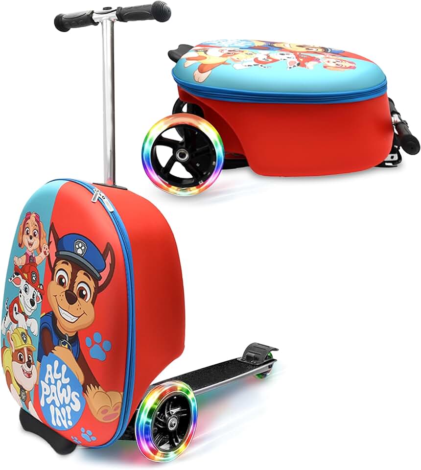 Paw Patrol Mala de viagem para crianças – Mala de scooter com rodas iluminadas, fácil de dirigir e dobrável para crianças, meninos, meninas, ótima ideia de presente de viagem