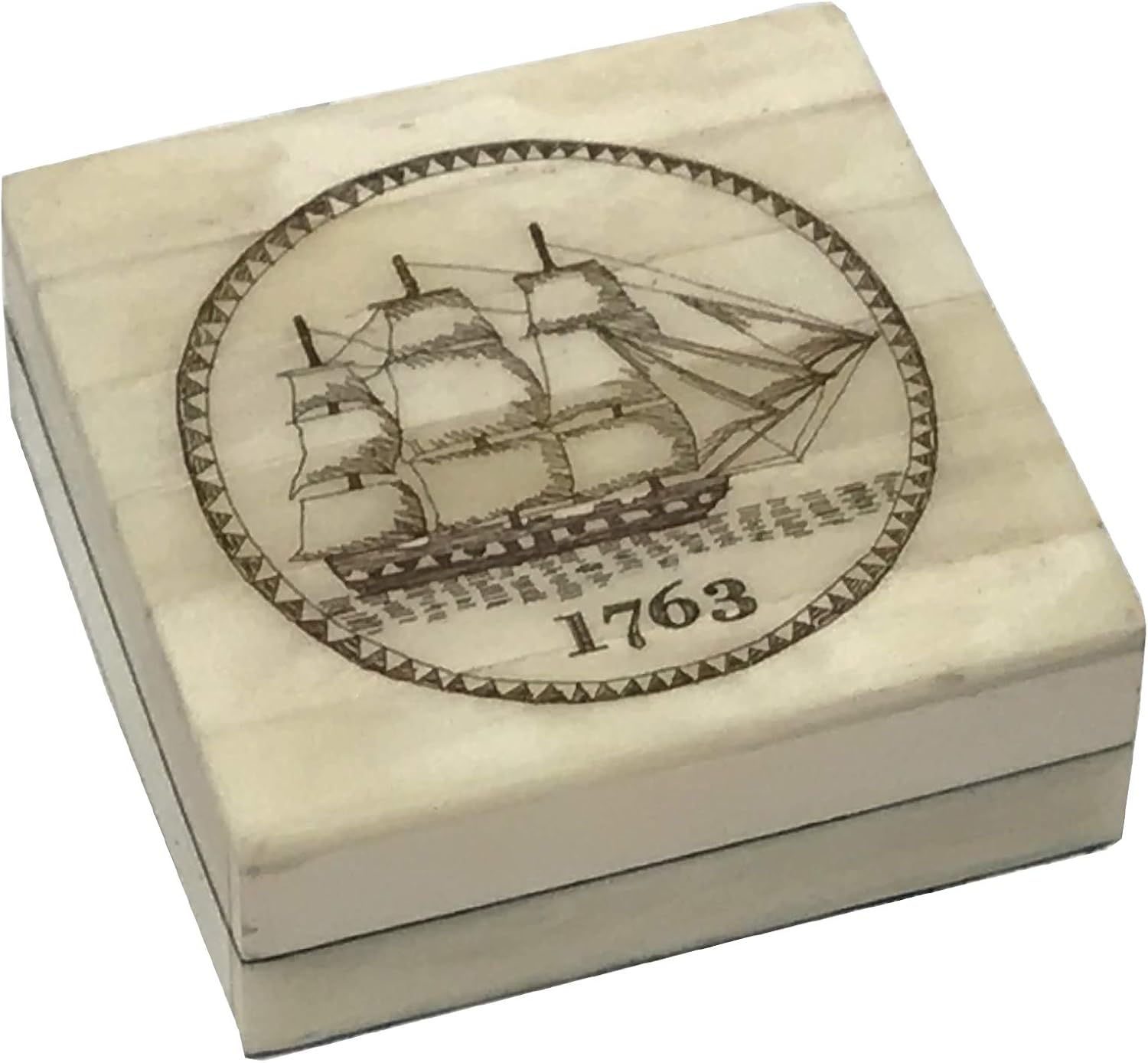 1763 Ship Black Engraved Vintage Scrimshaw Ox Bone Compass Box with Inlaid Brass Compass Antique Reproduction, 3" x 3" x 1-1/8"