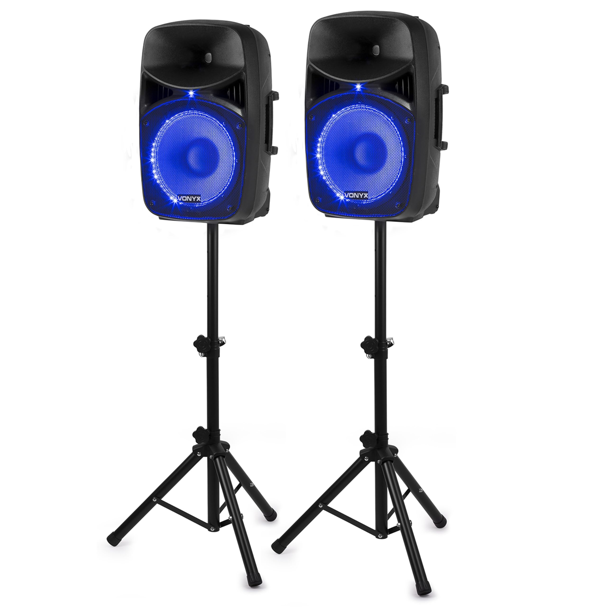 Vonyx VPS122A – Altavoz portatil Bluetooth Potente de 800W con 2 Altavoces 12", USB, Anillo LED en el Altavoz, trípodes y micrófono, Equipo de Sonido Profesional para DJ y Karaoke, Color Negro