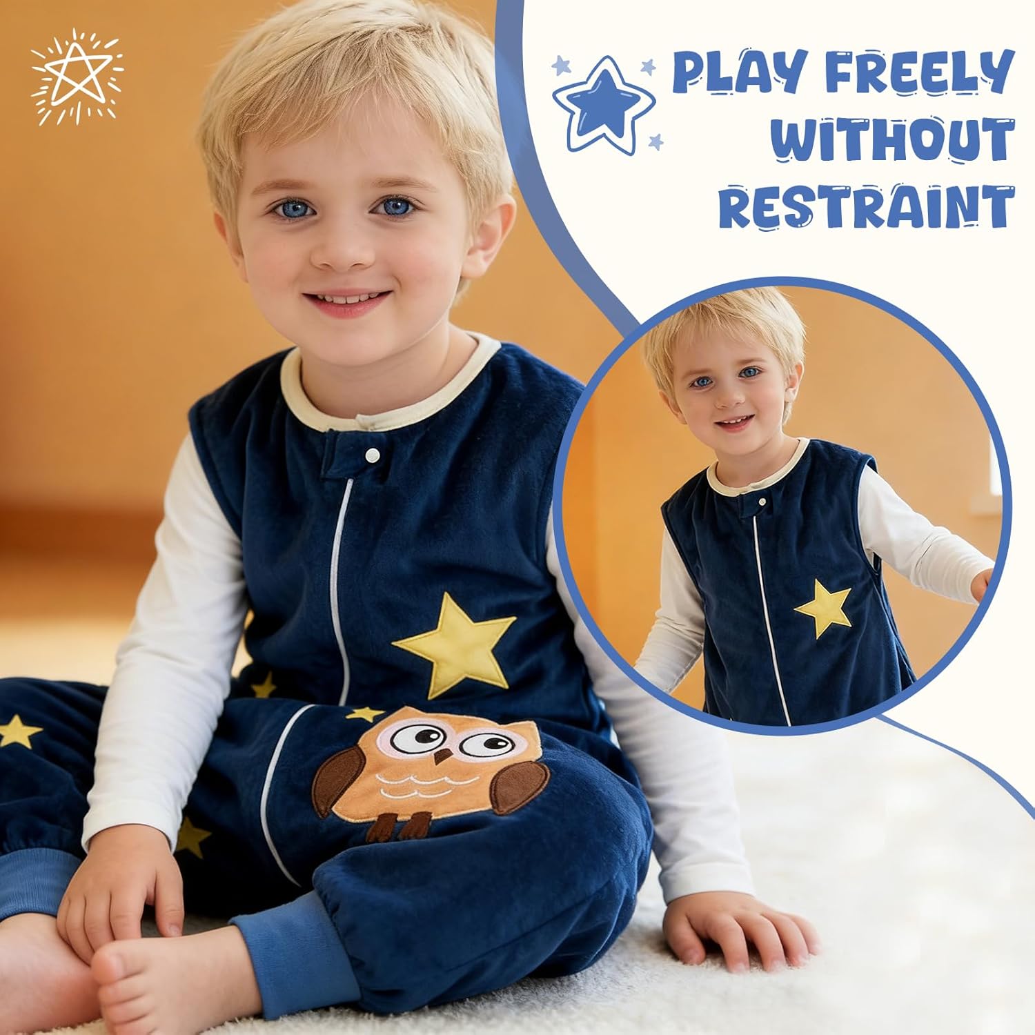 MICHLEY Toddler Sleeping Sack with Feet Newborn Infant Sleeveless Sleeping Bag 2-way Zipper Baby Wearable Blanket for Walkers,Dark Blue Owl,1-3T - Image 6