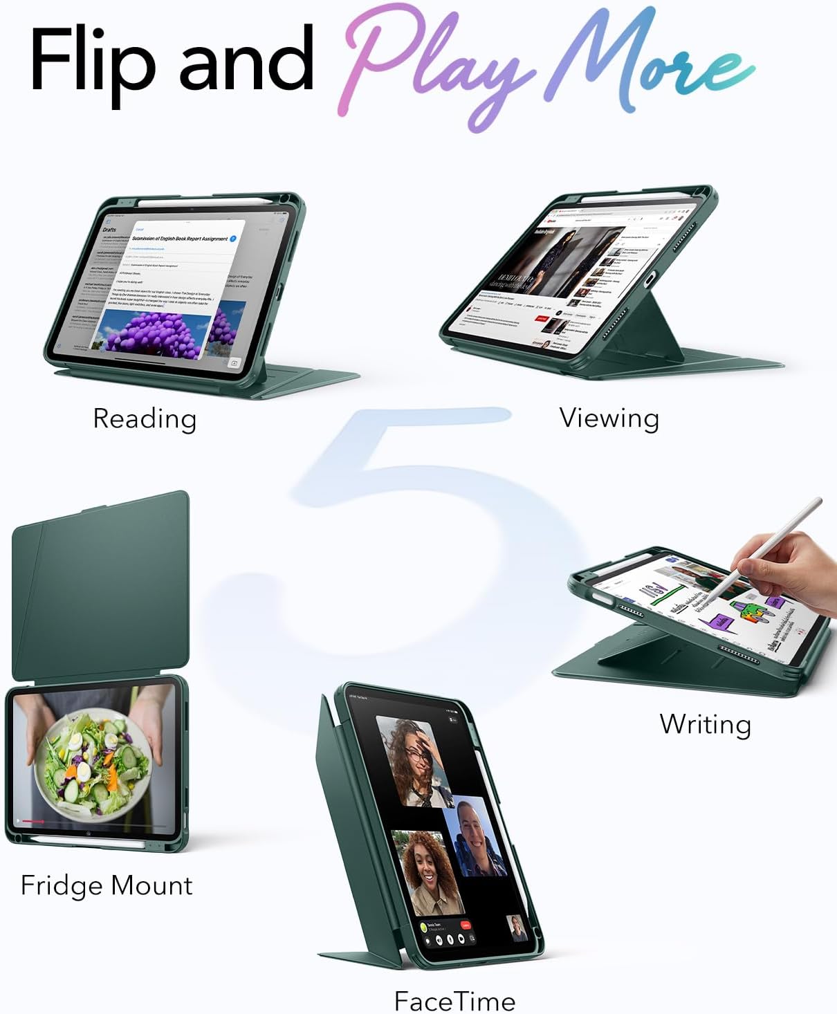 ESR for iPad A16 Case, iPad 11th/10th Generation Case (2025/2022), Vertical Stand Cover, Multi Stand Angles, Ultra-Stable Cover with Pencil Holder, Flip Series, Green