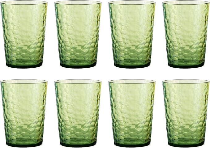 14-ounce Plastic Tumblers, Acrylic Drinking Glasses High-Balls, set of 8 Green Reusable Plastic Cups, Hammered Style Stackable, BPA-Free, Shatter-Proof, Dishwasher-Safe
