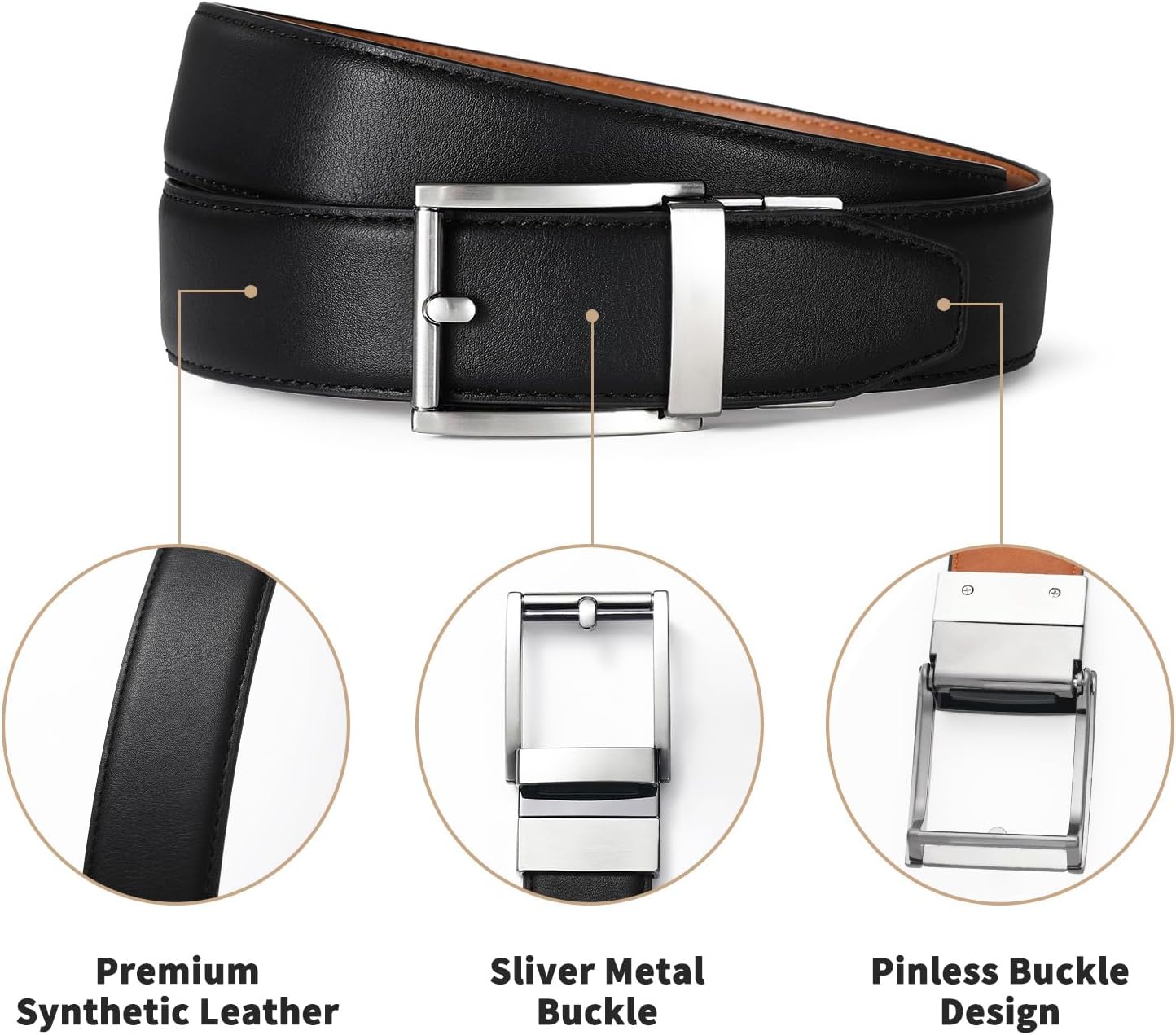 Men's Ratchet Black Belt Premium Synthetic Leather with Silver Buckle Business Style Adjustment for Casual - Image 5