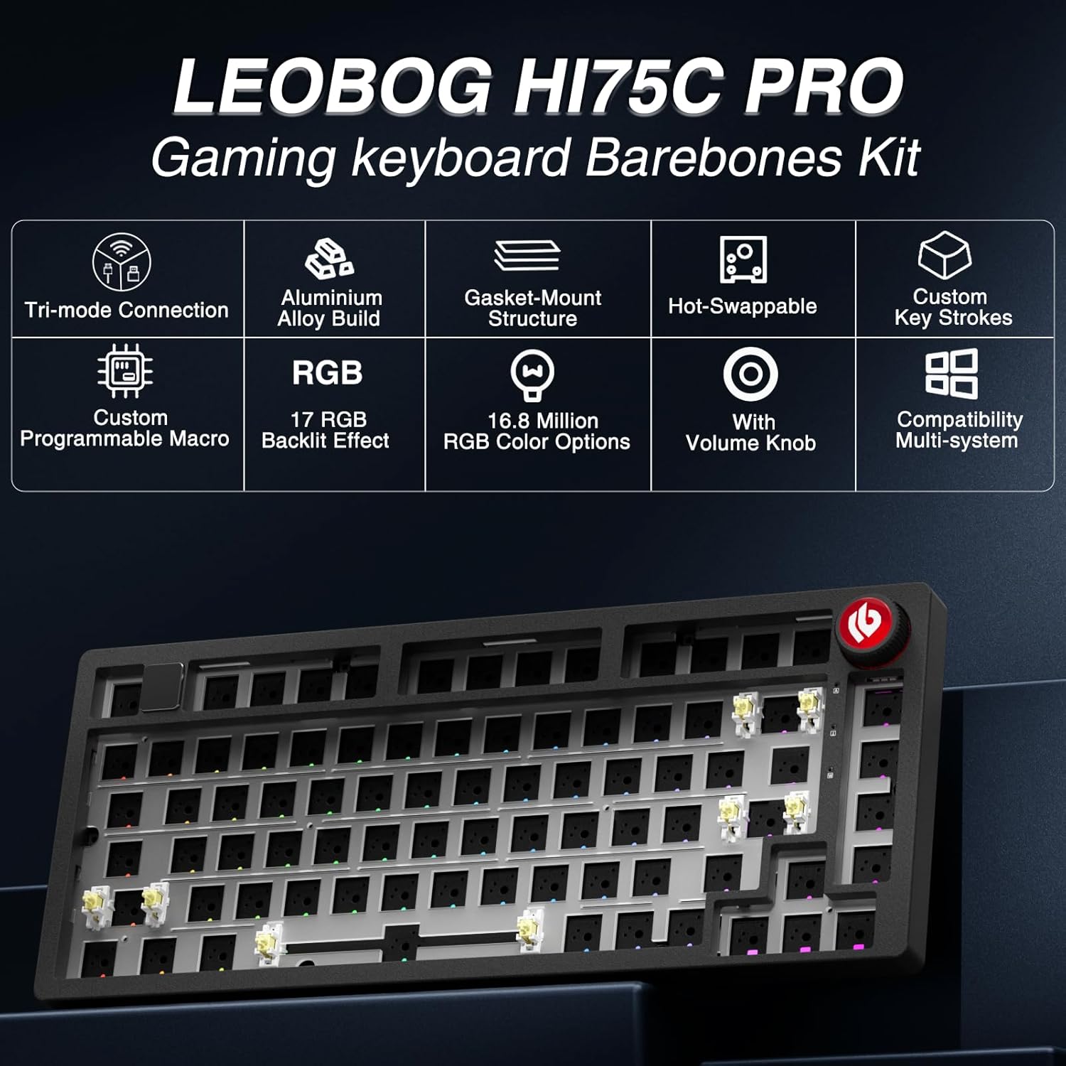 LEOBOG Hi75C Pro Wireless Mechanical Keyboard Kit – Aluminum Alloy Gasket Mount 75% Barebones DIY Base with Hot Swap, RGB Backlighting & Volume Knob – Enhanced Custom Gaming Keyboard Build, 4000mAh