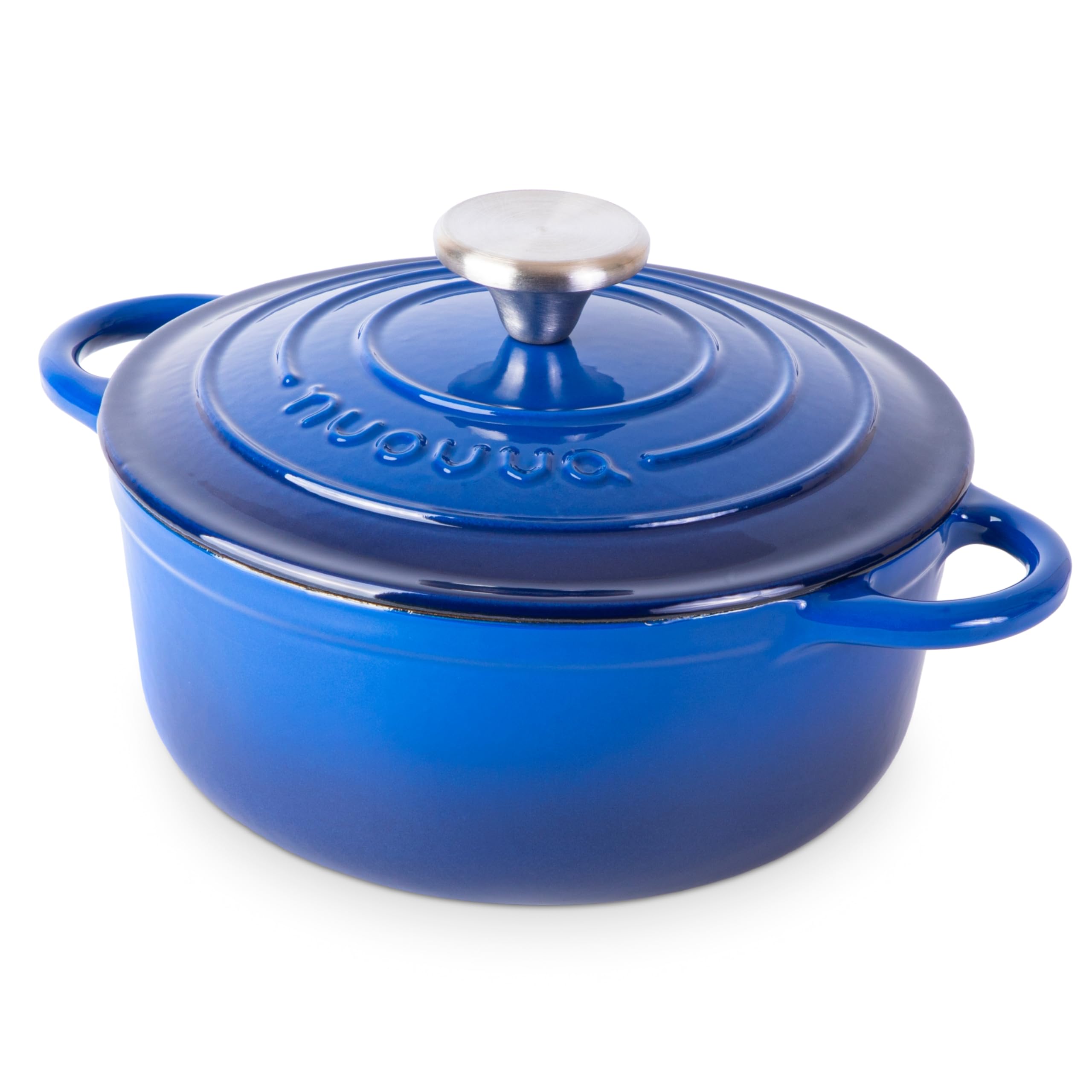 Nuovva Enamelled Cast Iron Dutch Oven Pot with Lid – 2.1 Quart Casserole Dish – Ceramic Dutch Oven for Bread Baking, Roasting, Braising & Stews – Oven Safe up to 500°F – 20cm Dark Blue
