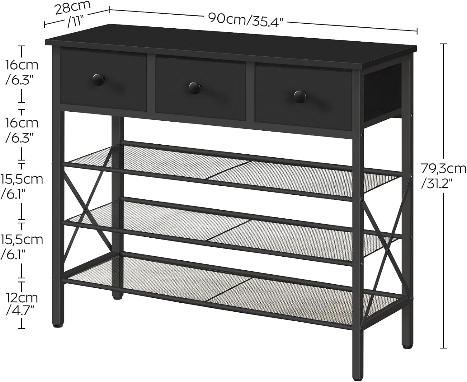 YATINEY 4-Tier Shoe Rack with 3 Drawers, Metal Shoe Organizer for 15 Pairs with Storage Shelves and Wooden Top, for Entryway, Hallway, Foyer, Closet, Black SS34BB image 3