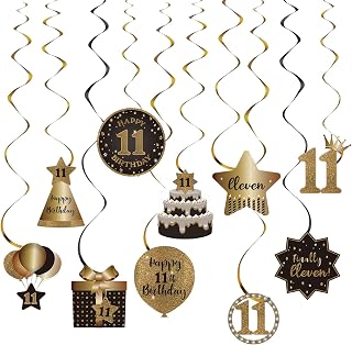 BRT Bearingshui Happy 11th Birthday Hanging Swirls Streams Ceiling Decorations, Celebration 11 Foil Hanging Swirls with Cutouts for 11 Years Old Black and Gold Birthday Party Decorations Supplies