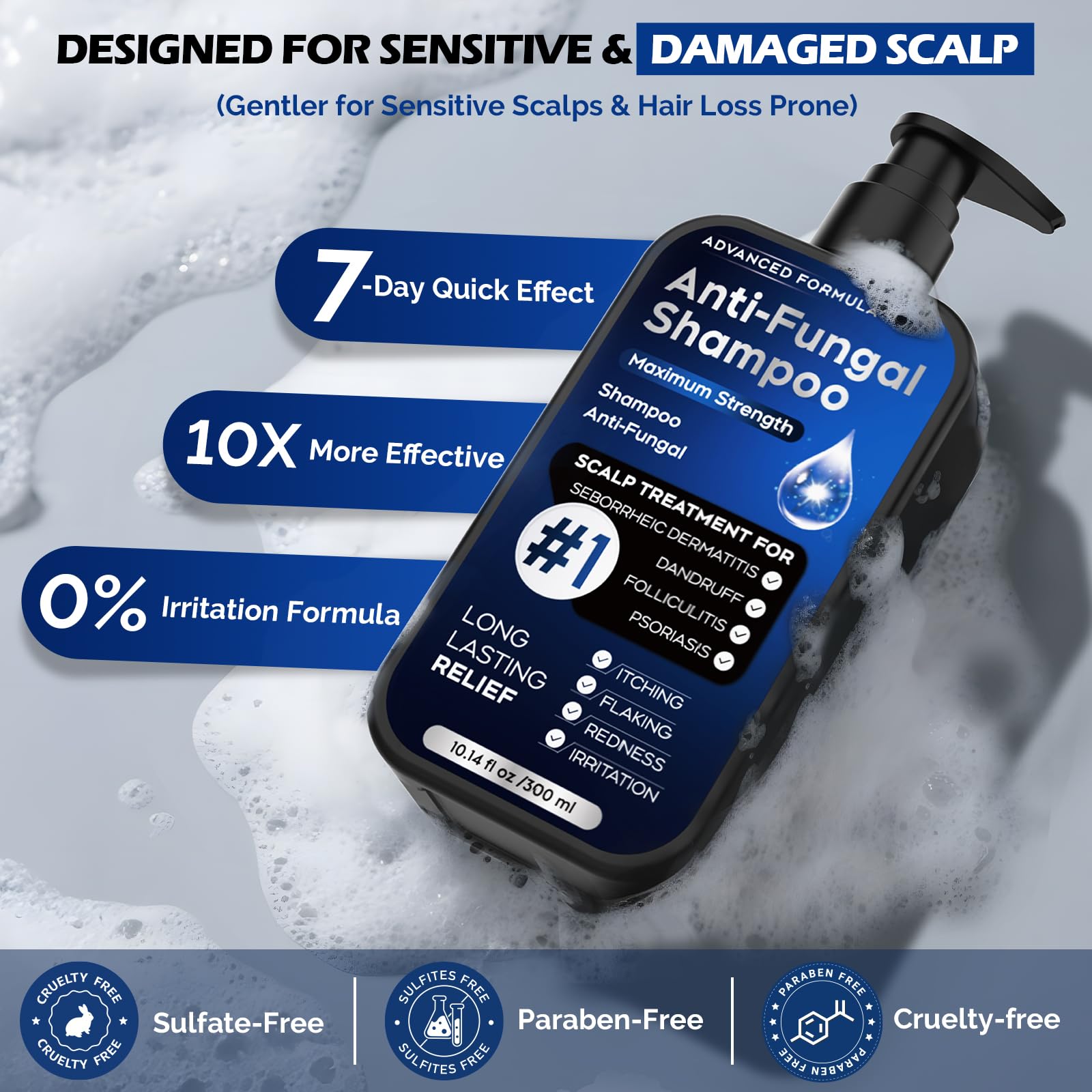 Champú antifúngico para dermatitis seborreica, foliculitis y psoriasis del cuero cabelludo, champú anticaspa para hombres y mujeres, alivia la picazón del cuero cabelludo, la sequedad, sin sulfatos ni 6