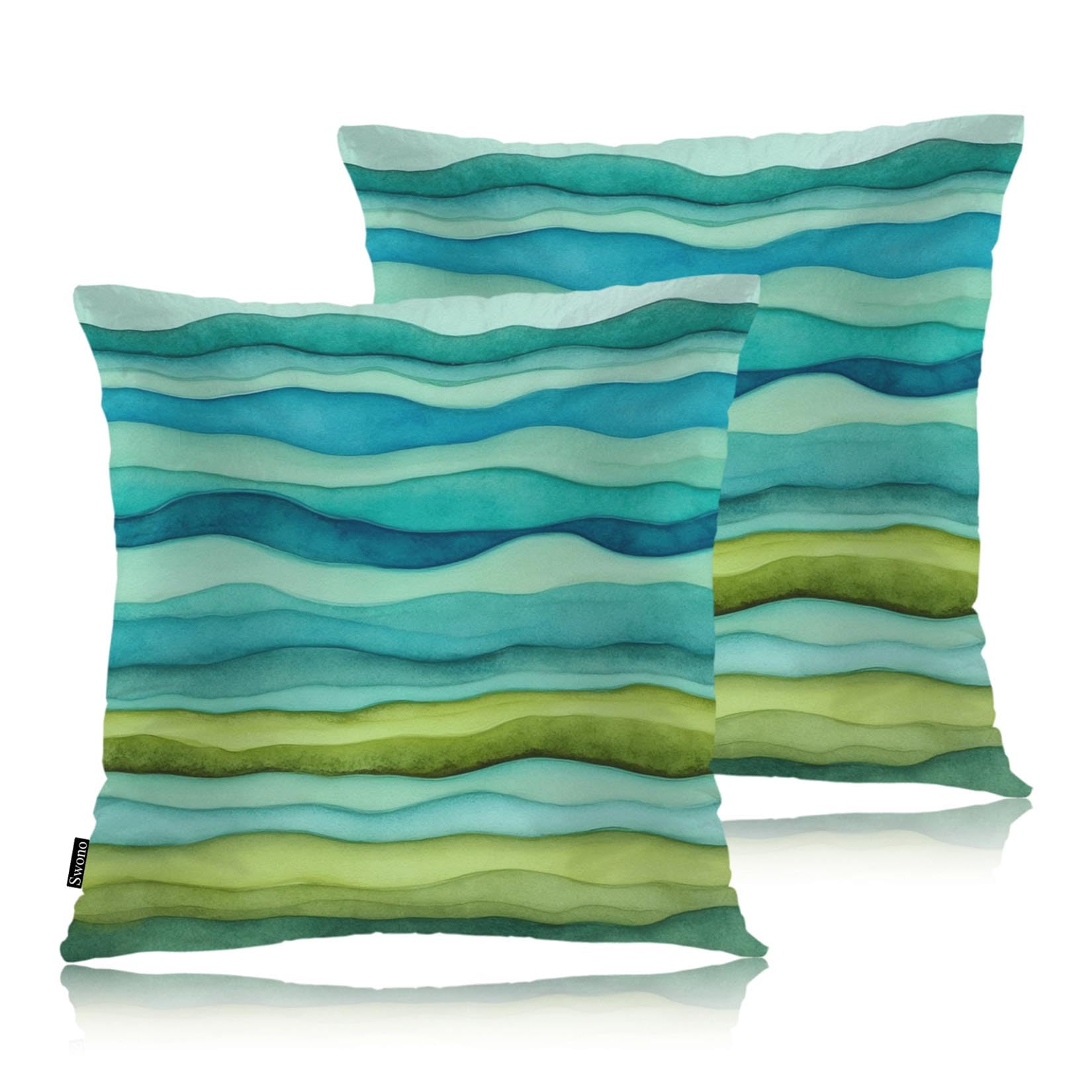 Swono Home Decorative Throw Pillow Covers Blue Green Waves, Watercolor Striped Wavy Marble Set of 2 Modern Pillow Case Cushion Cover for Sofa Couch