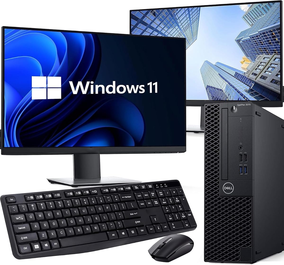 Computadora de escritorio Dell OptiPlex 3070 Intel Core i5-9500 de 6 núcleos, 16 GB DDR4 Ram, 512 GB SSD, monitores LED duales 2 x 22, WiFi, KB y mouse inalámbricos, Windows 11 Pro (renovado)